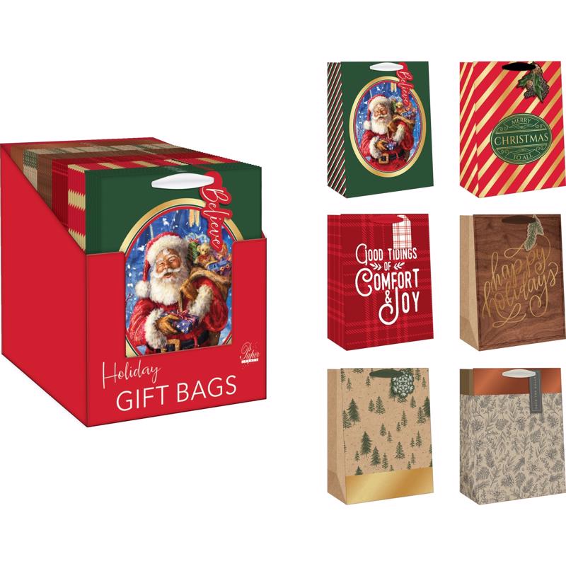 9107189 Assorted Color Holiday Medium Treated Gift Bag - Pack of 48