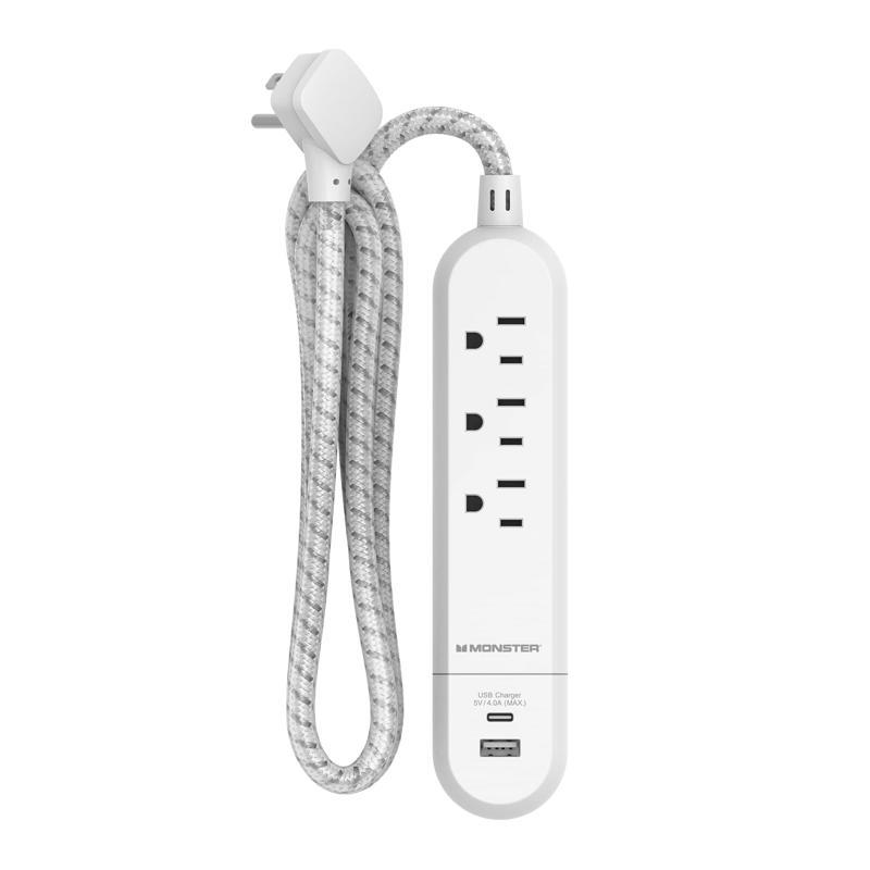 3017900 4 ft. 3 Outlets Power Strip with USB Ports - White