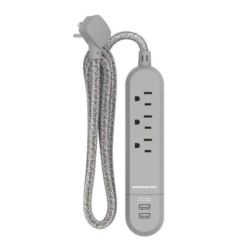 3017898 4 ft. 3 Outlets Power Strip with USB Ports - Gray