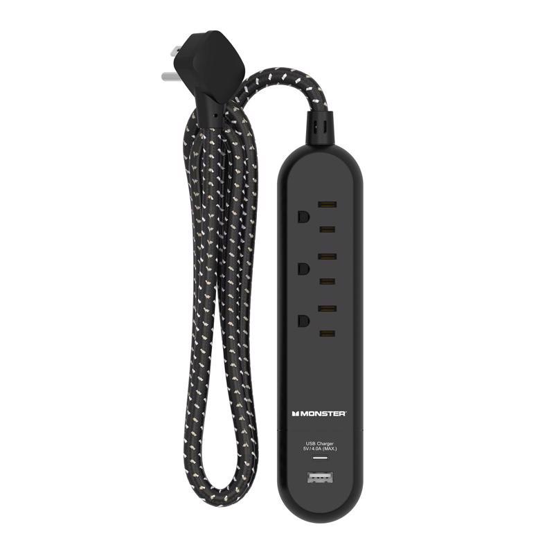 3017902 4 ft. 3 Outlets Power Strip with USB Ports, Black