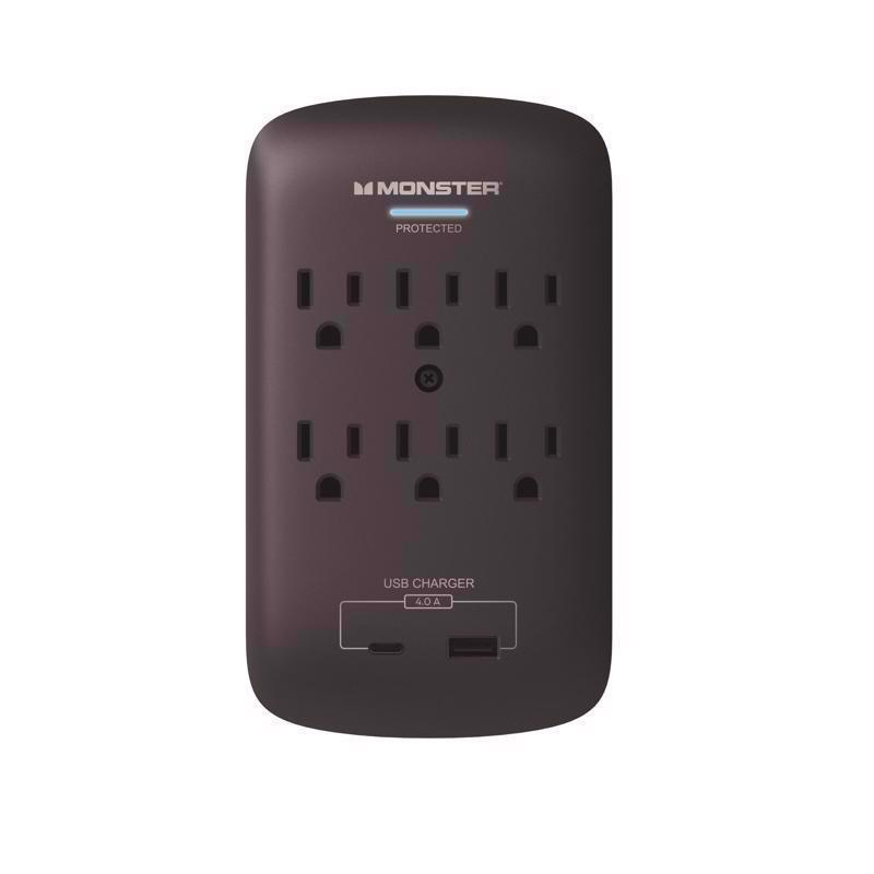 3014272 6 Outlets Wall Tap Surge Protector with USB - Black - 1200 J