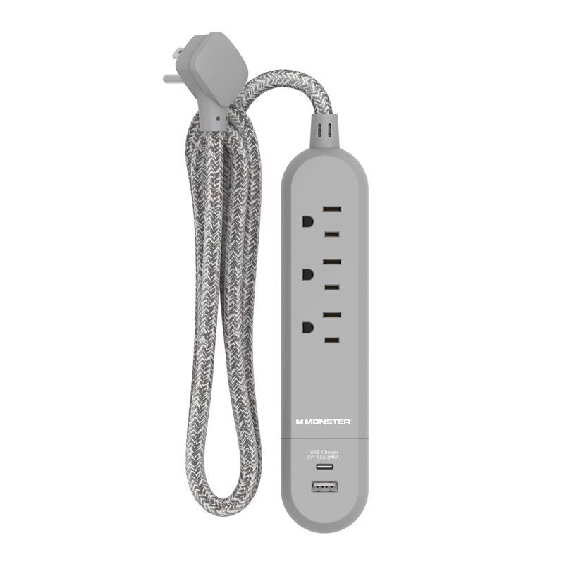 3017901 4 ft. 3 Outlets Power Strip with USB Ports, Gray