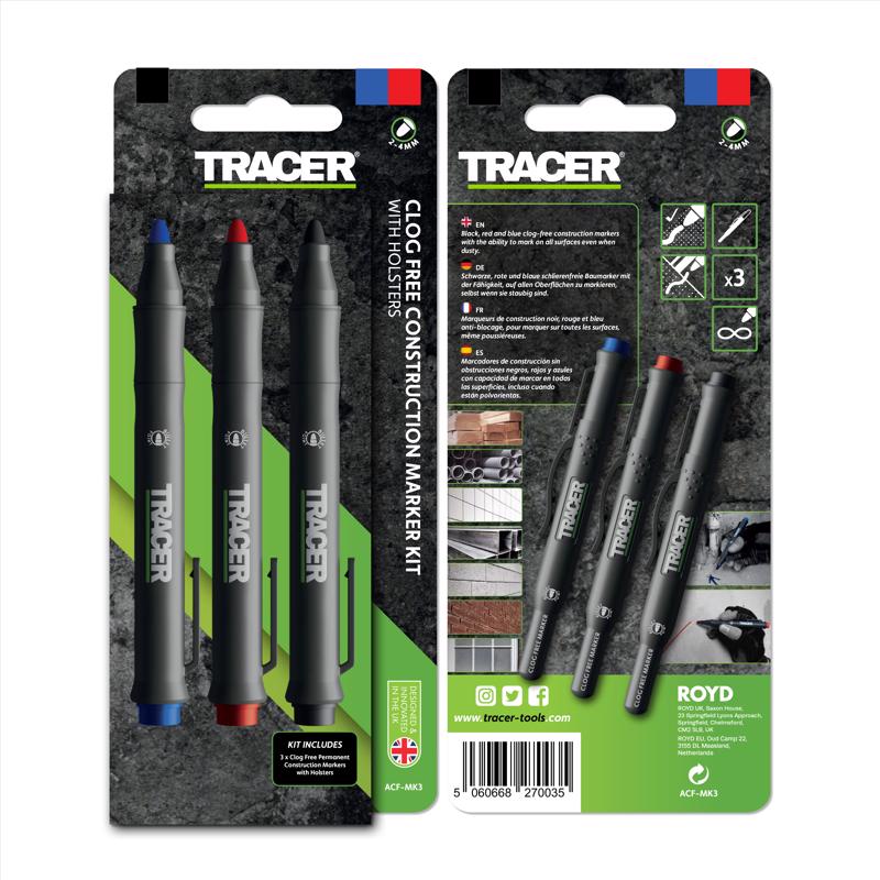 Tracer Clog Free Marker Kit, Black, Red, Blue, 3 Pack - ACF-MK3