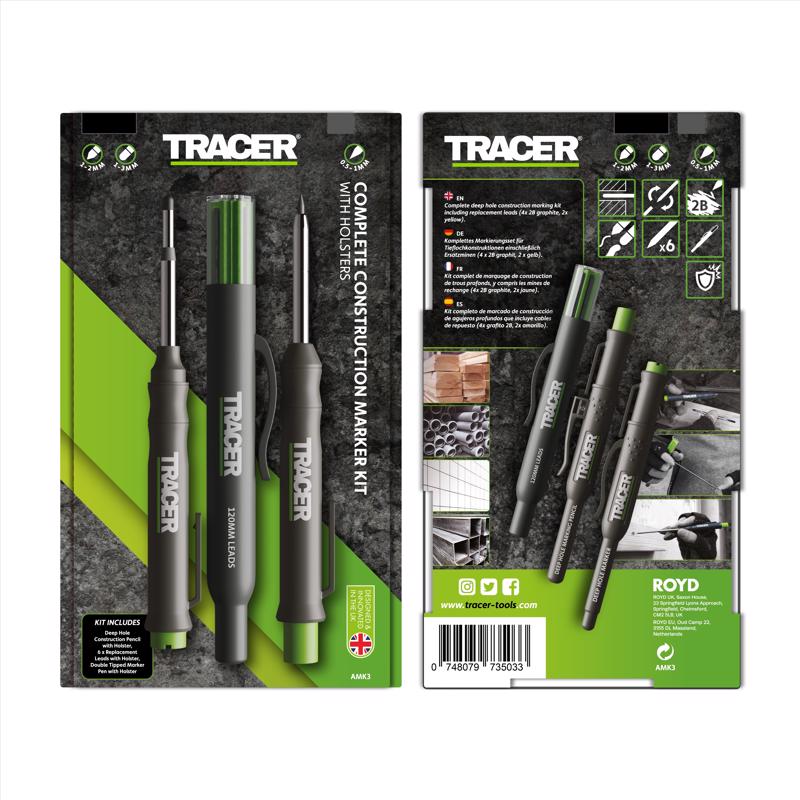 Tracer Marking Kit - Deep Hole Marker Pen, Pencil, Lead Set with Holsters - AMK3