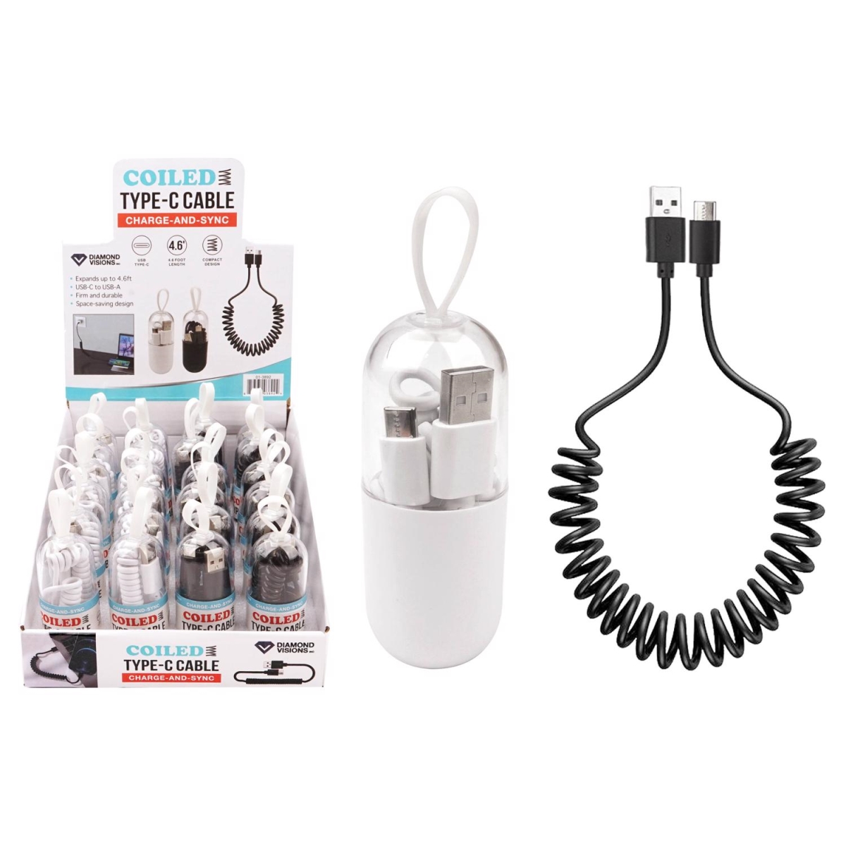 3027403 Assorted Color Coiled USB-A to USB-C Cable for All Mobile Devices - 6 ft. - Pack of 24