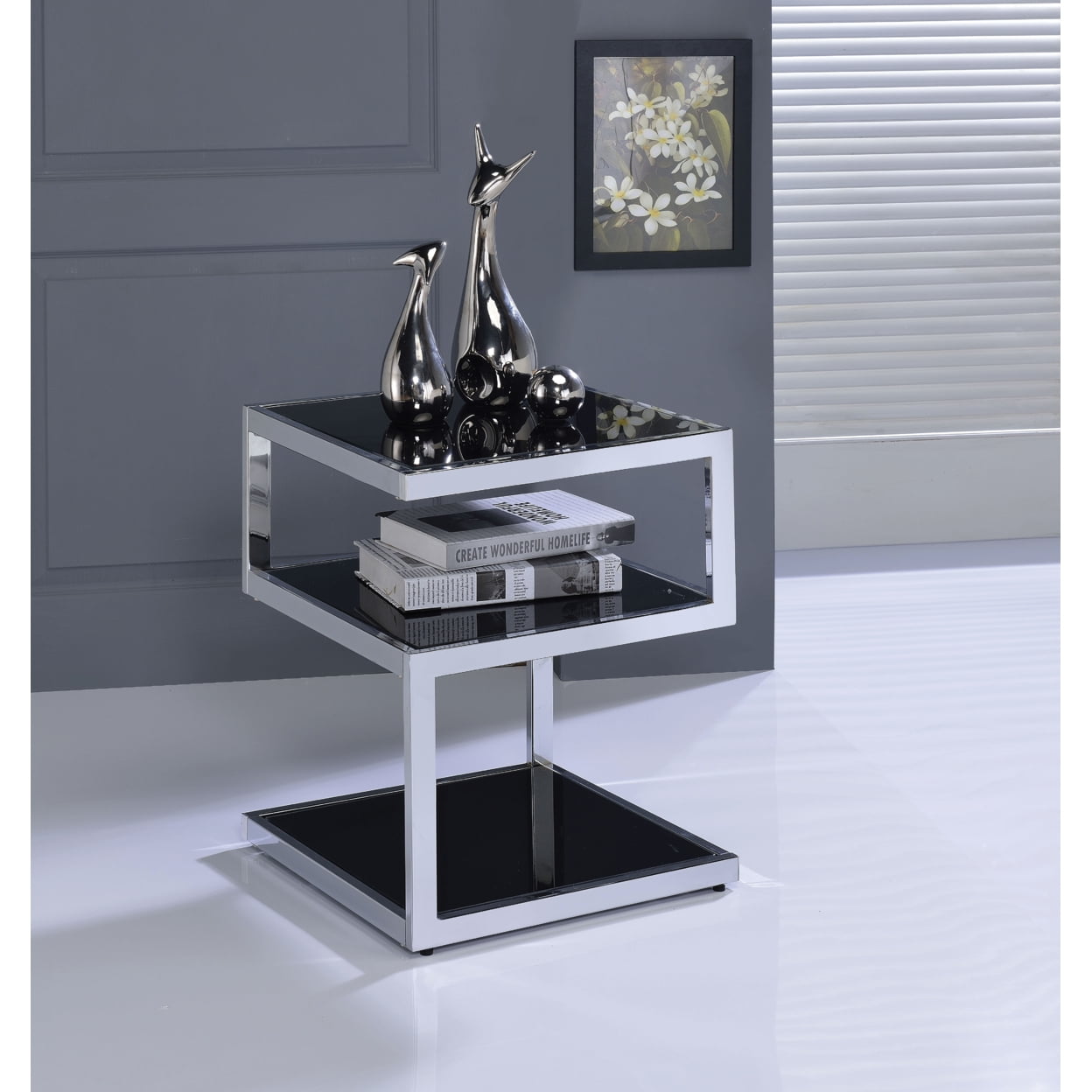 Picture of ACME 81848 Alyea End Table&#44; Black Glass & Chrome