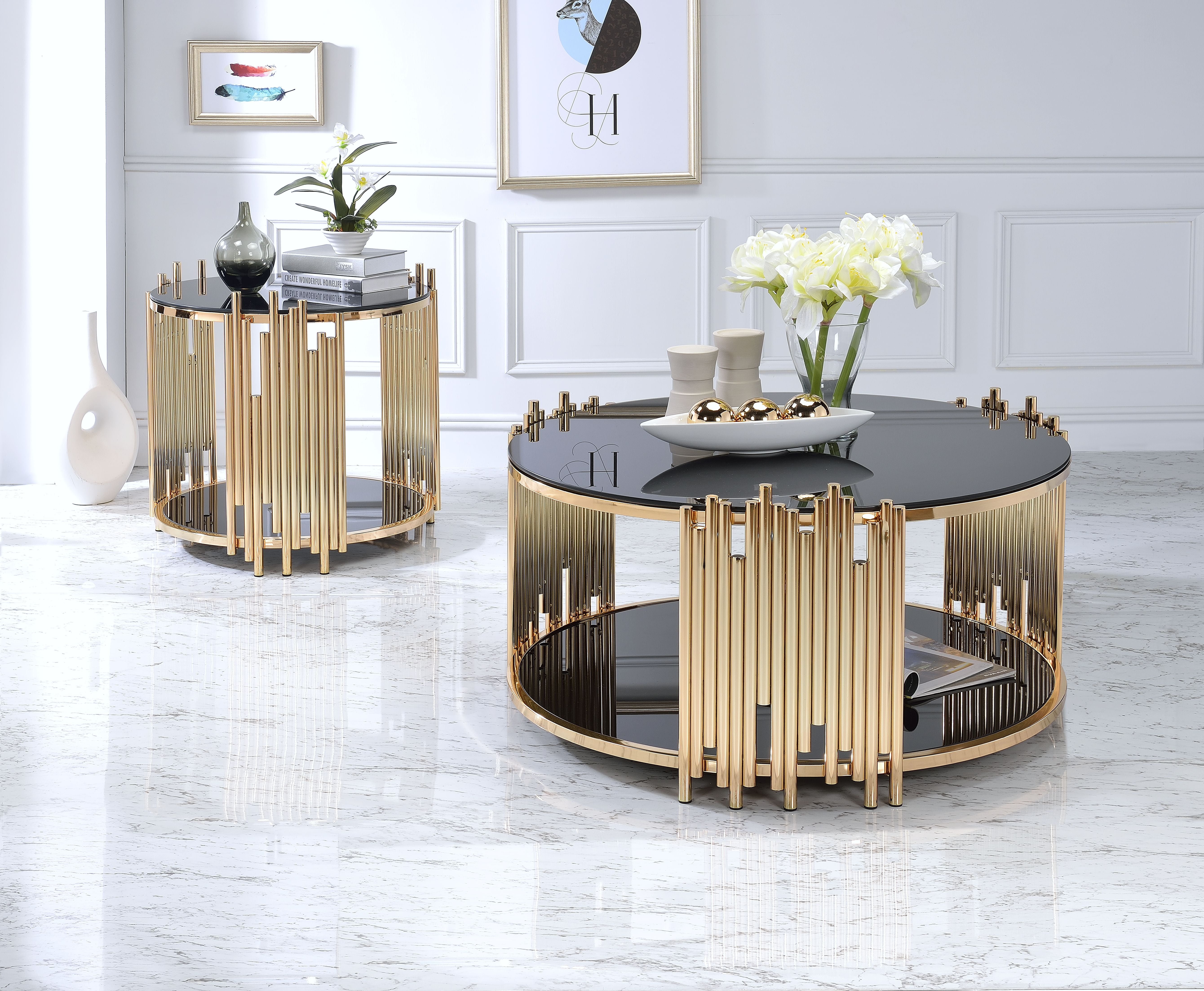 Picture of ACME 84490 Tanquin Coffee Table&#44; Black Glass & Gold
