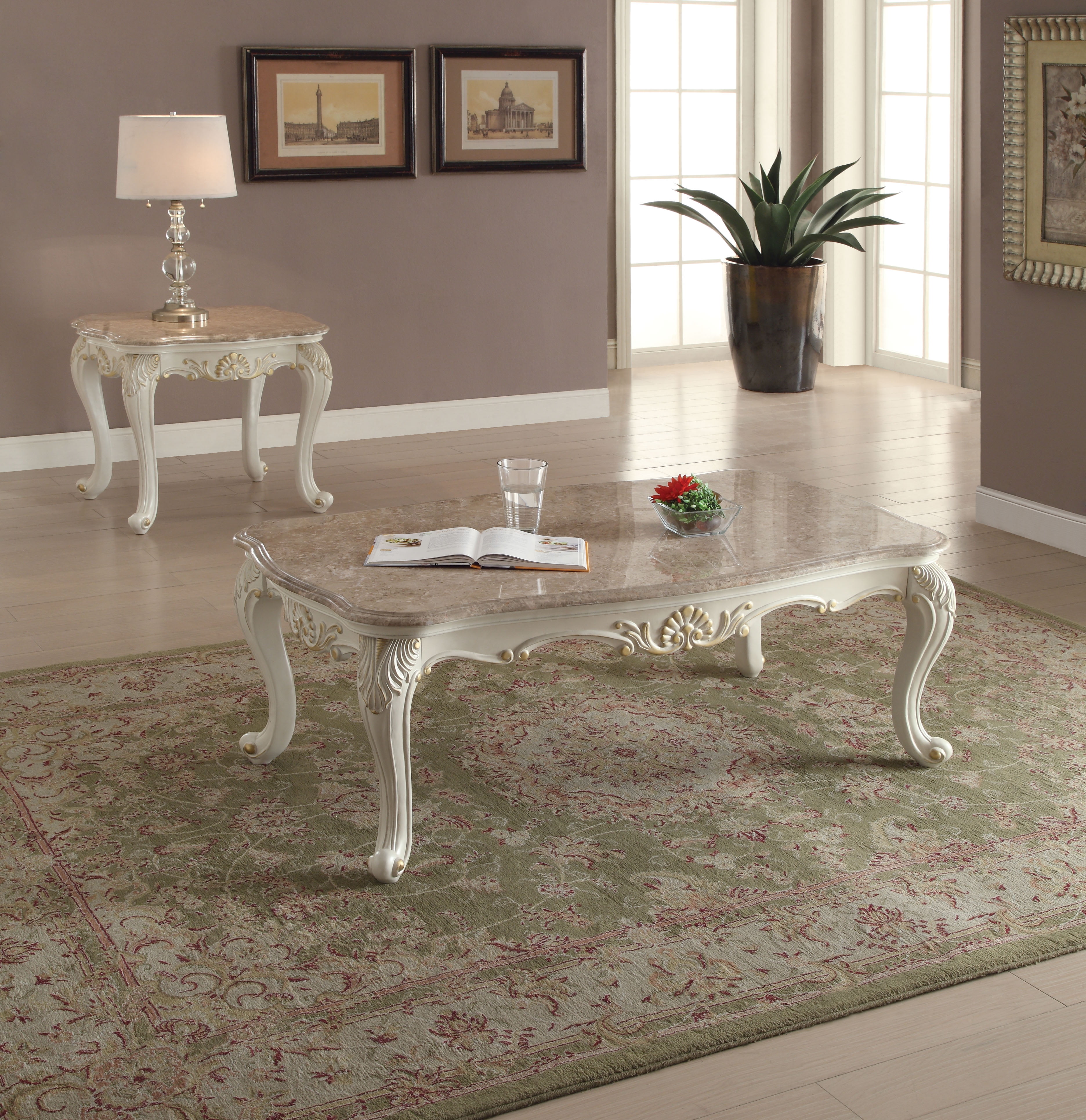 Picture of ACME 83540 Chantelle Coffee Table with Marble Top&#44; Marble & Pearl White - 20 x 52 x 30 in.