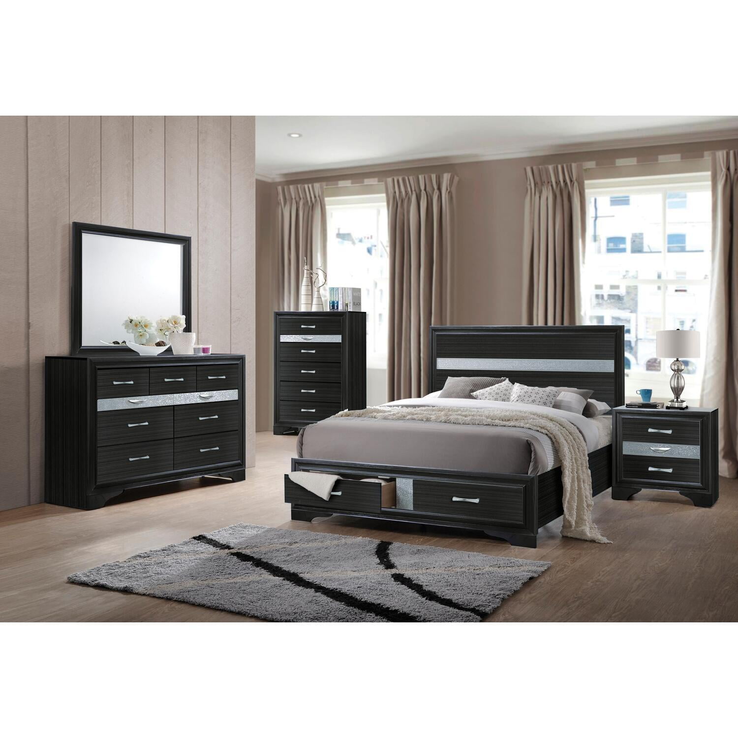 25900Q Naima Queen Size Bed with Storage - Black, 3 Piece -  Acme