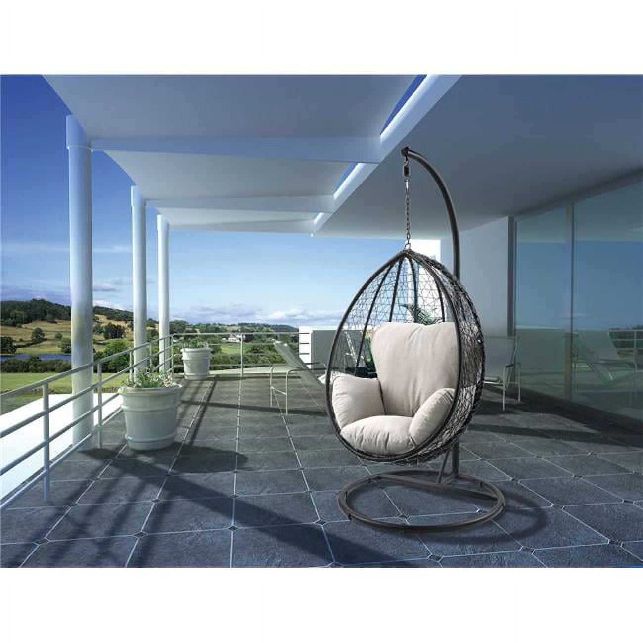 Picture of ACME 45030 Simona Patio Swing Chair with Stand&#44; Beige Fabric & Black Wicker