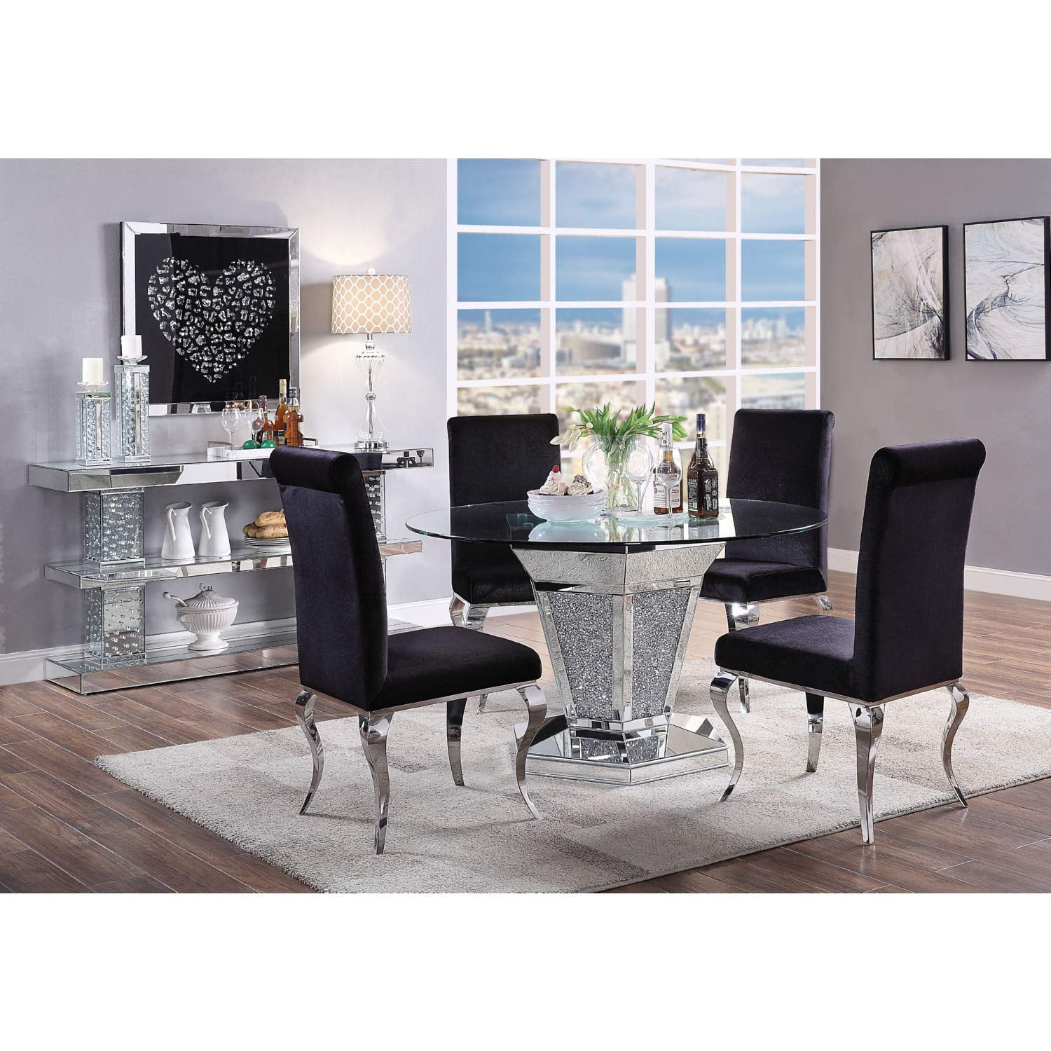 Picture of ACME 71285 52 in. Noralie Dining Table&#44; Mirrored&#44; Faux Diamonds & Clear Glass - 2 Piece