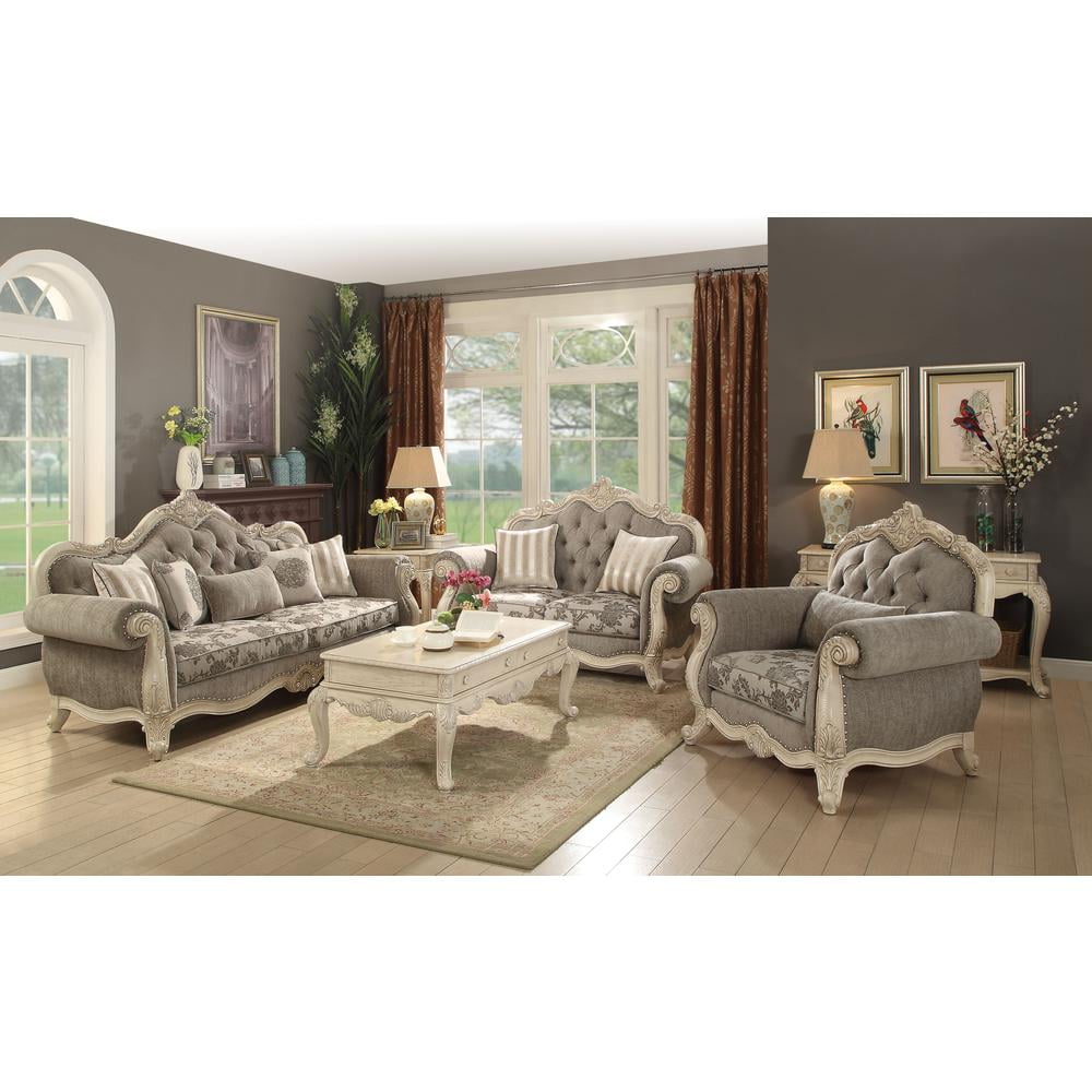 Picture of ACME 56022 Ragenardus Chair with 1 Pillow&#44; Gray Fabric & Antique White - 42 x 46 x 35 in.