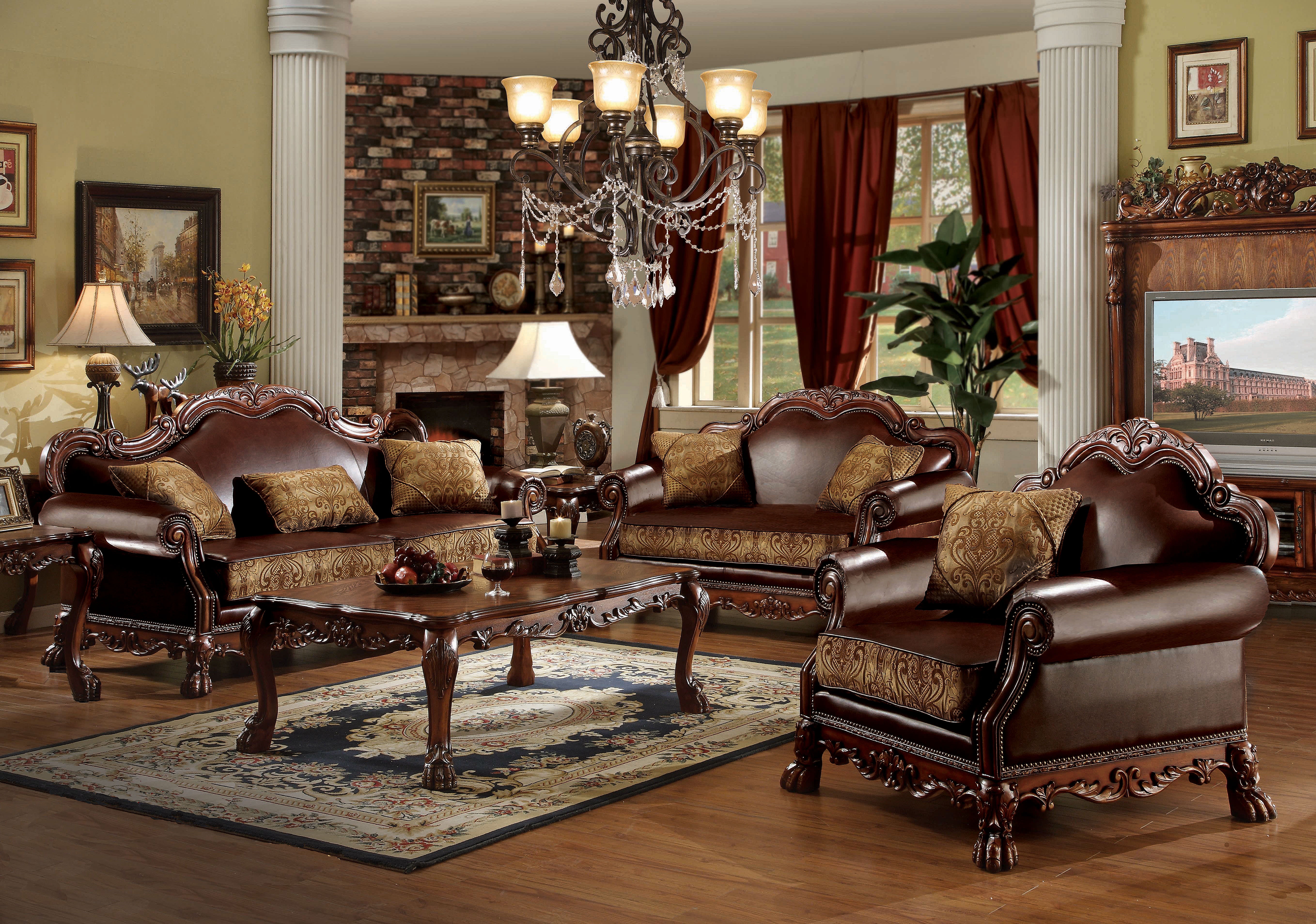 Picture of ACME 15160 Dresden Sofa with 3 Pillows - Brown PU & Chenille&#44; Cherry Oak - 43 x 87 x 42 in.