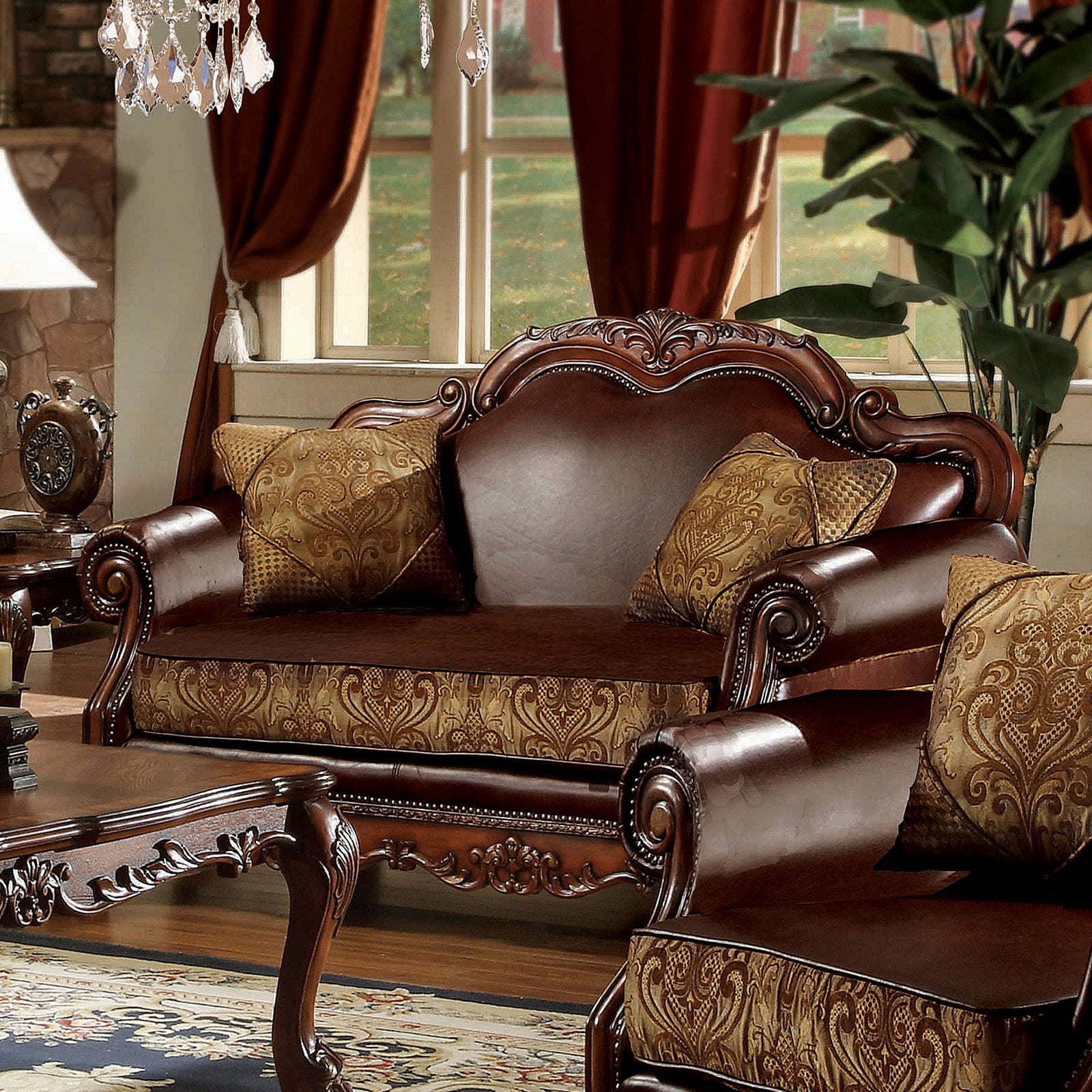 Picture of ACME 15161 Dresden Loveseat with 2 Pillows - Brown PU & Chenille&#44; Cherry Oak - 43 x 64 x 42 in.