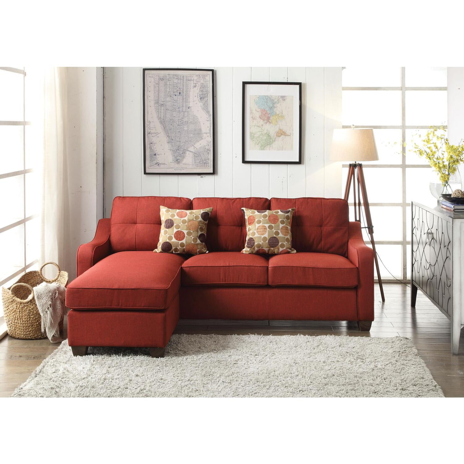 Picture of ACME 53740 Cleavon II Sectional Sofa & 2 Pillows - Red Linen - 35 x 84 x 56 in.