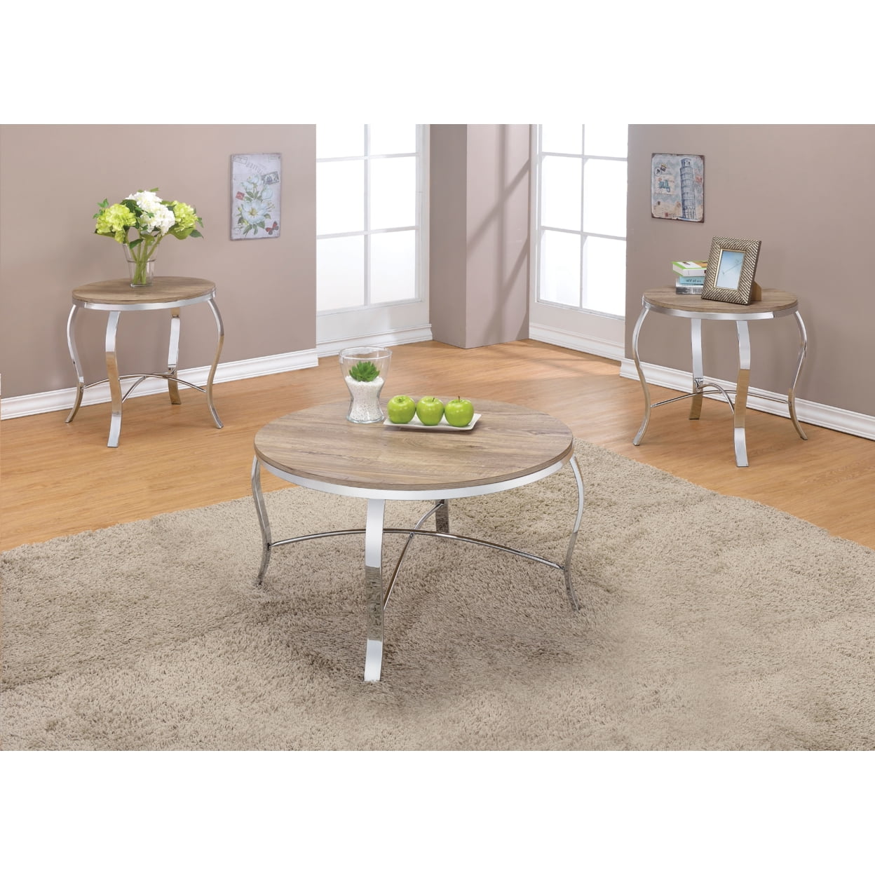 Picture of ACME 81705 3 Piece Malai Coffee & End Table Set - Weathered Light Oak & Chrome