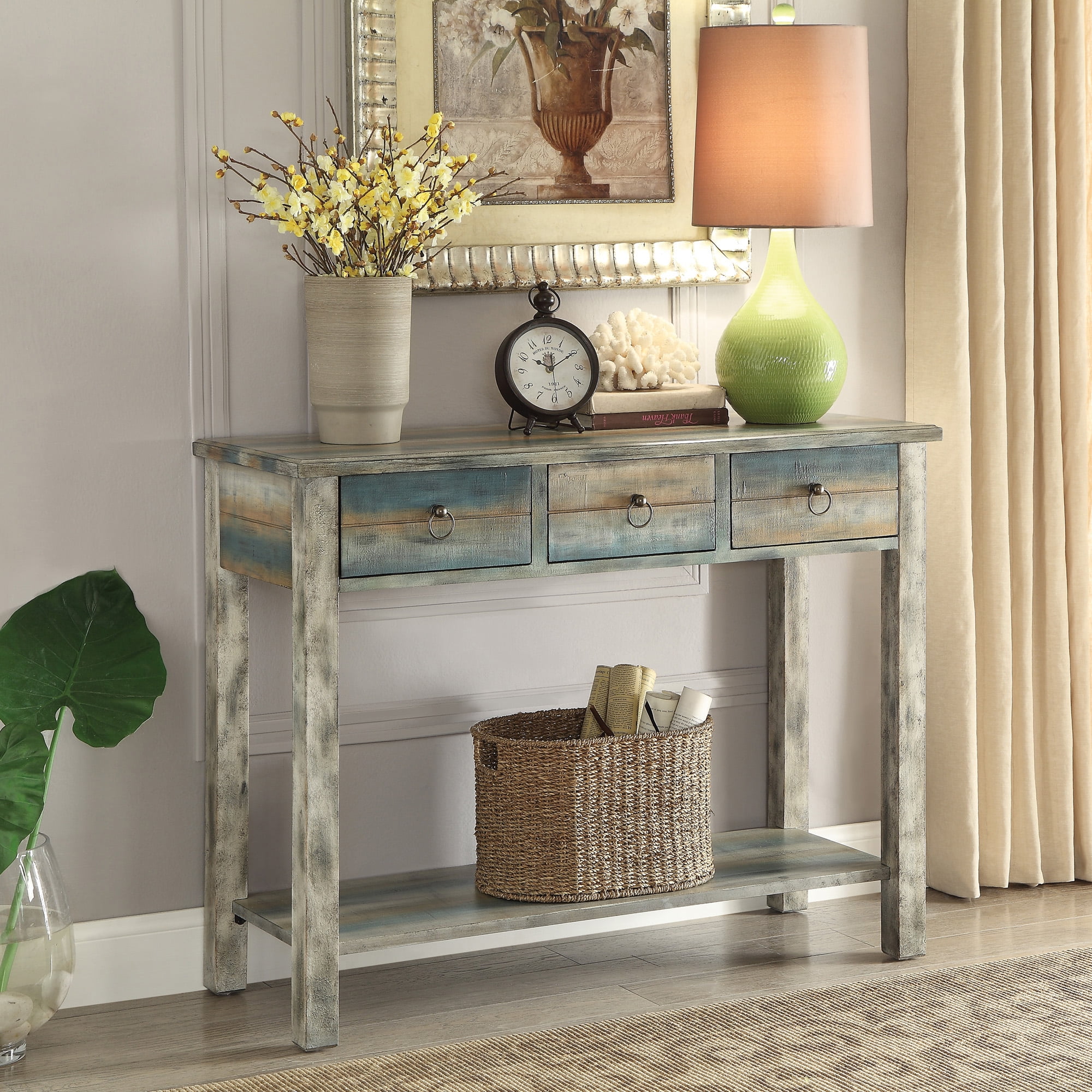 Picture of ACME 97257 Glancio Console Table - Antique White & Teal - 32 x 42 x 16 in.