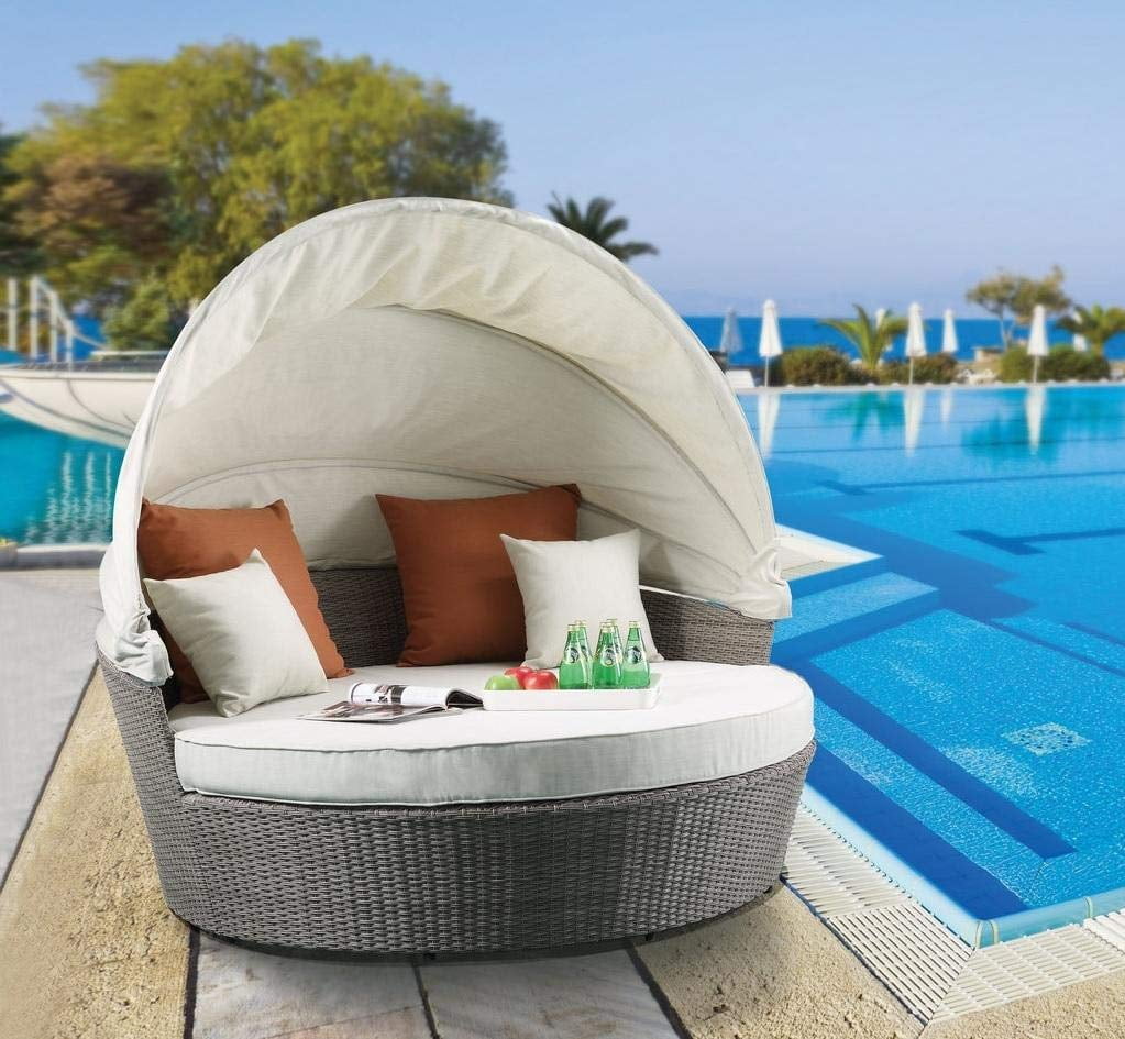 Picture of ACME 45025 Salena Patio Canopy Sofa & Ottoman - Beige Fabric & Gray Wicker