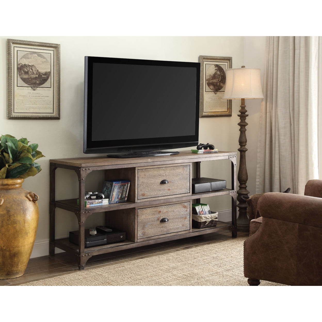 Picture of ACME 91504 2 Piece Gorden TV Stand - Weathered Oak & Antique Silver - 30 x 60 x 20 in.