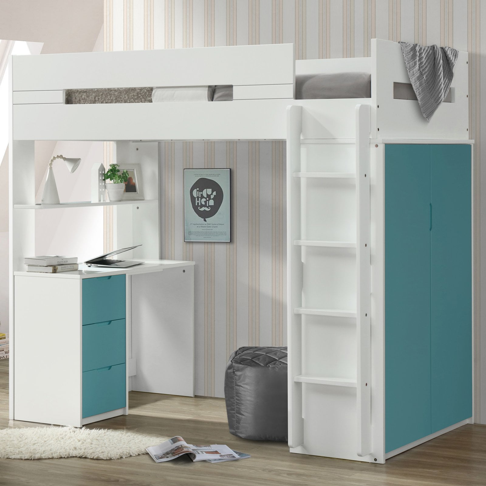 Picture of ACME 38045 5 Piece Nerice Loft Bed - White & Teal