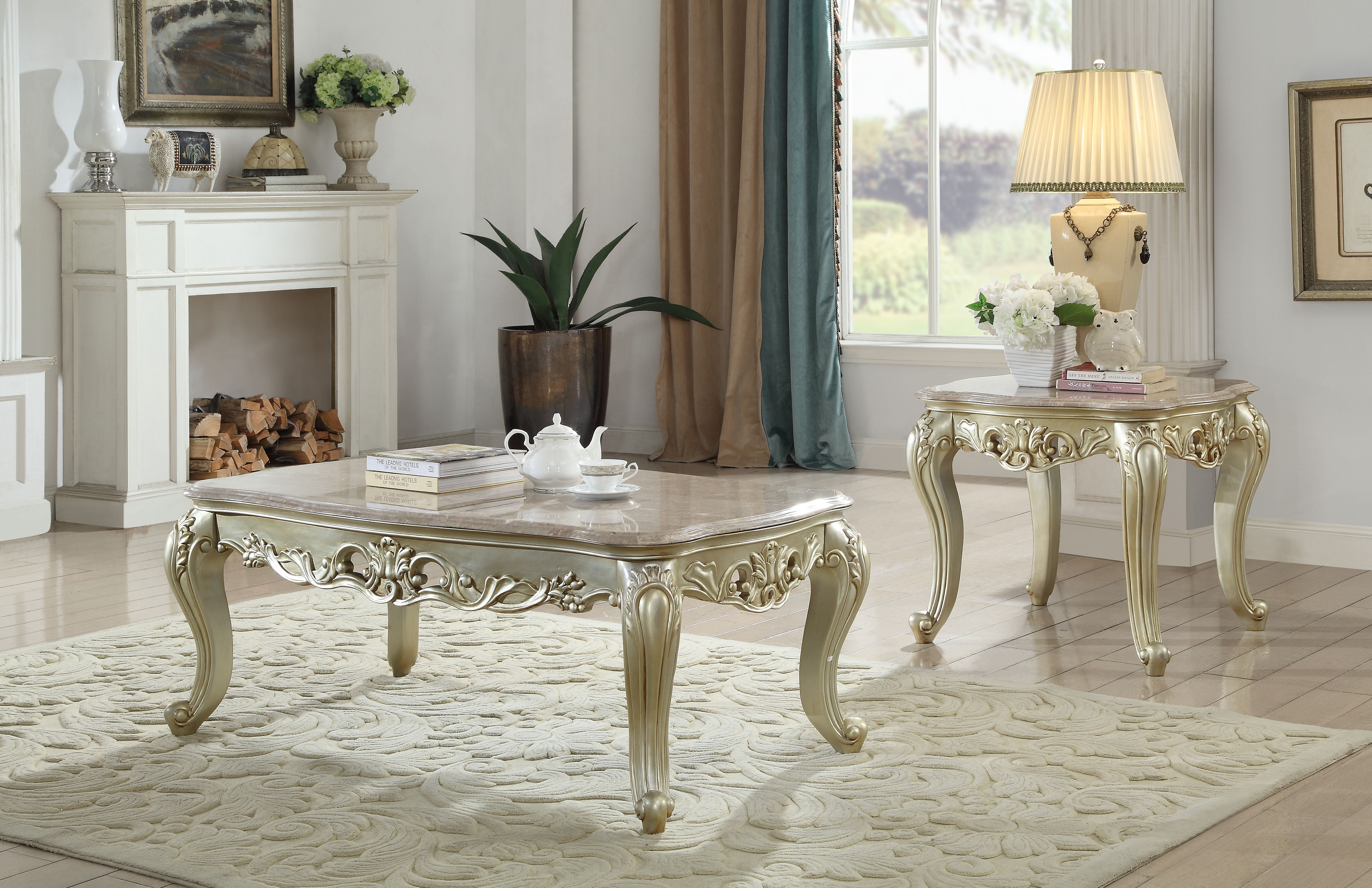 Picture of ACME 82442 Gorsedd End Table with Marble Top - Marble & Antique White - 24 x 28 x 28 in.