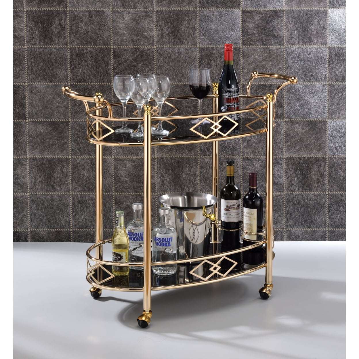 Picture of ACME 98351 Ottesen Serving Cart - Gold & Black Glass - 32 x 35 x 16 in.