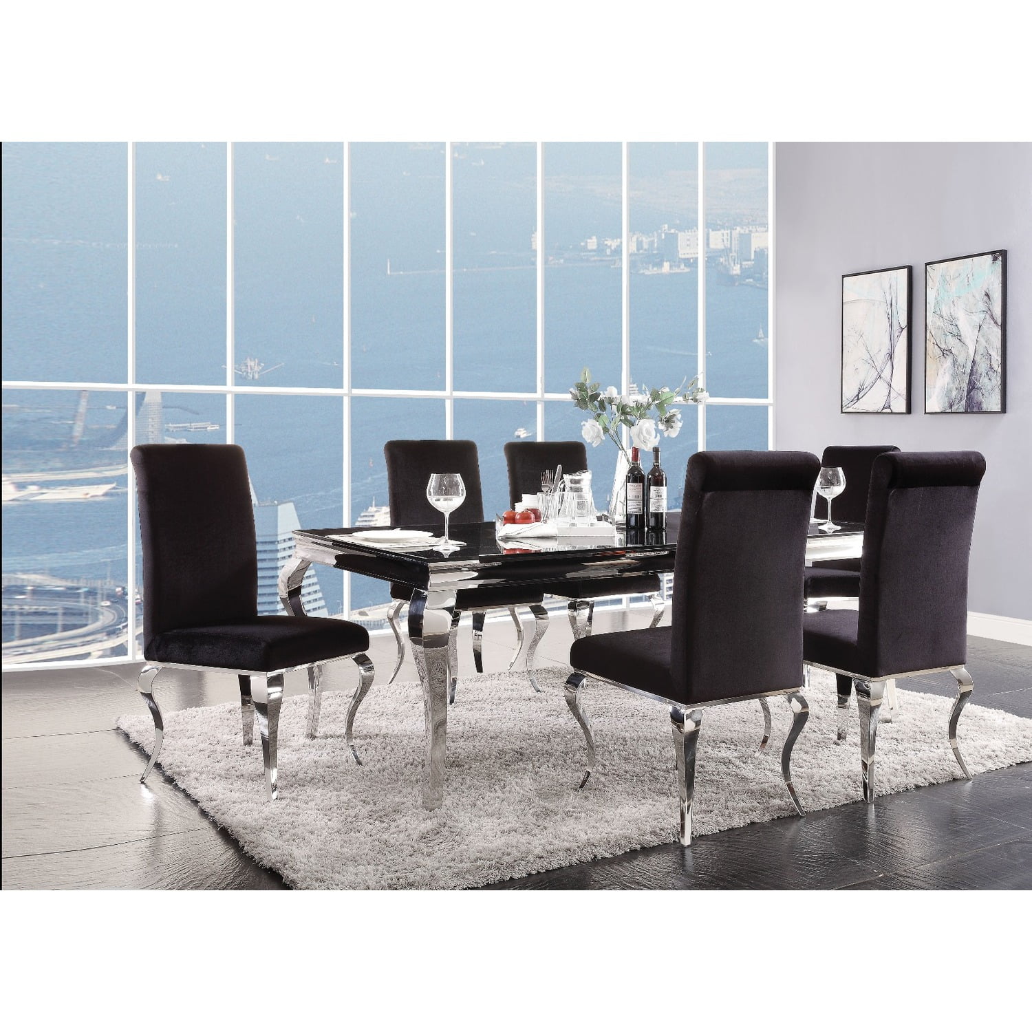 Picture of ACME 62070 3 Piece Rectangular Fabiola Dining Table - Stainless Steel & Black Glass