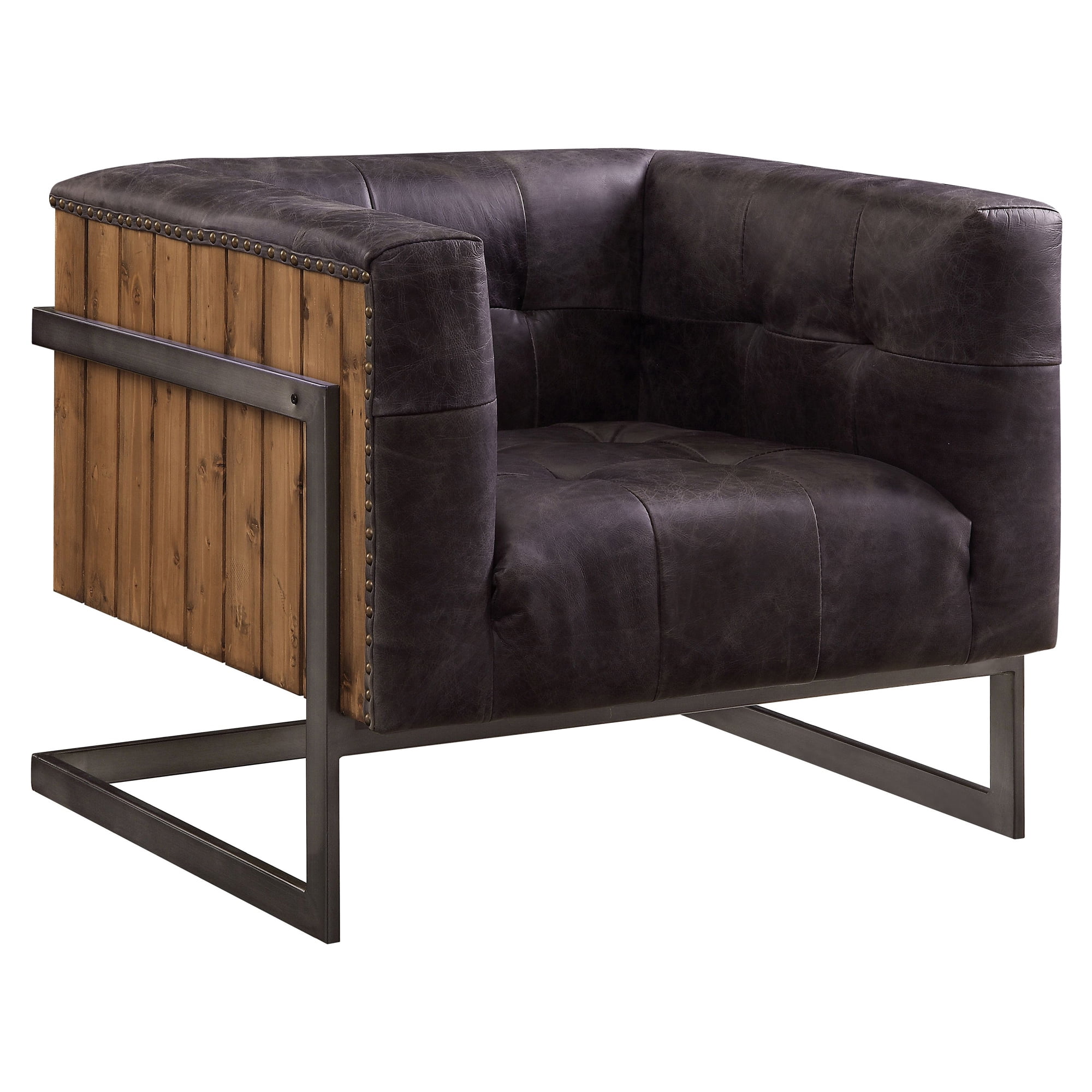 Picture of Acme Furniture 59667 Sagat Accent Chair&#44; Antique Ebony Top Grain Leather & Rustic Oak