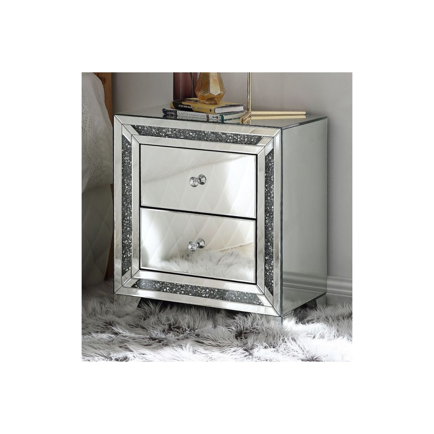 Picture of ACME Furniture 97647 Mirrored & Faux Diamonds Noralie Night Table&#44; Silver - 25 x 14 x 22 in.