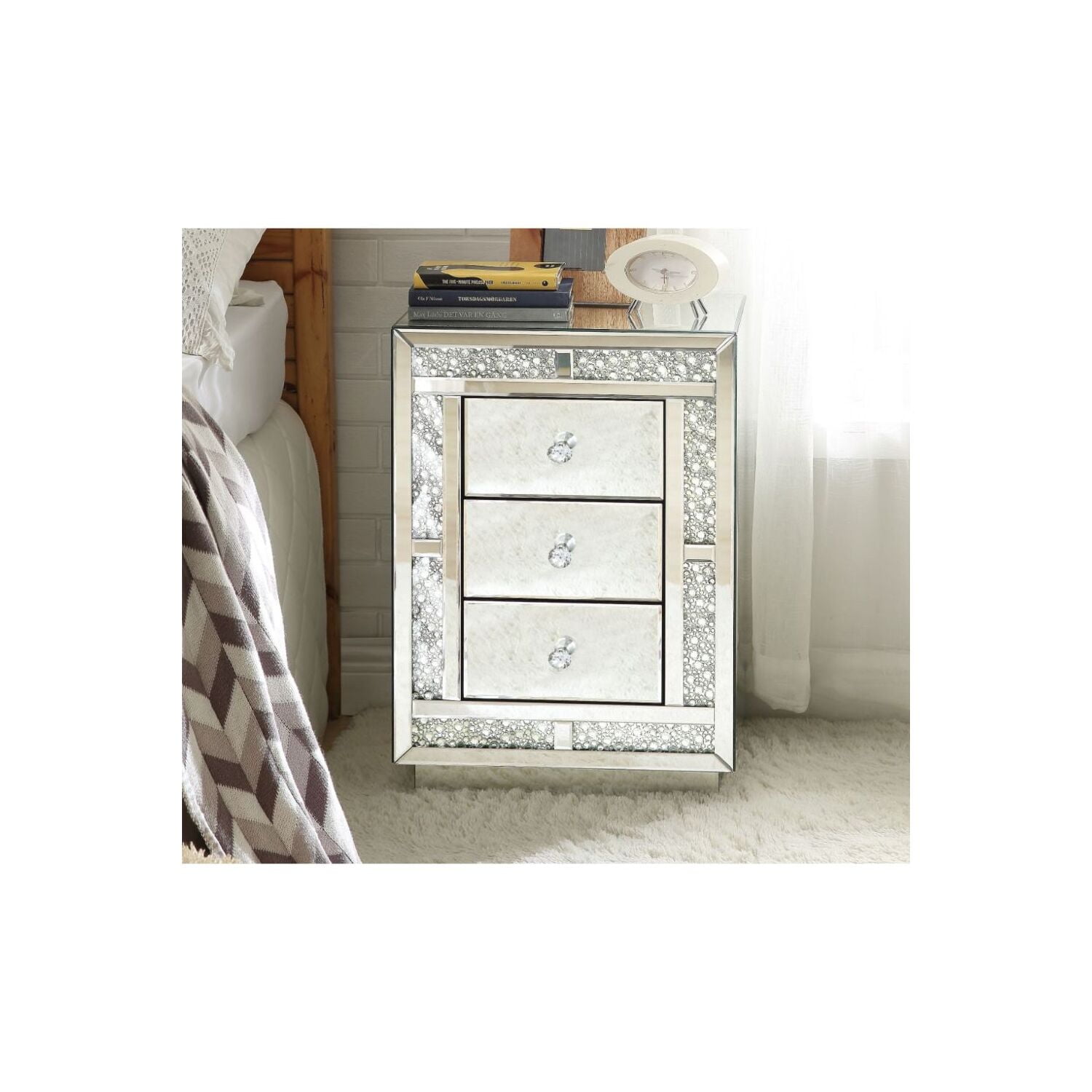 Picture of ACME Furniture 97653 Mirrored & Faux Crystal Mallika Night Table&#44; Silver & Gold - 26 x 14 x 18 in.