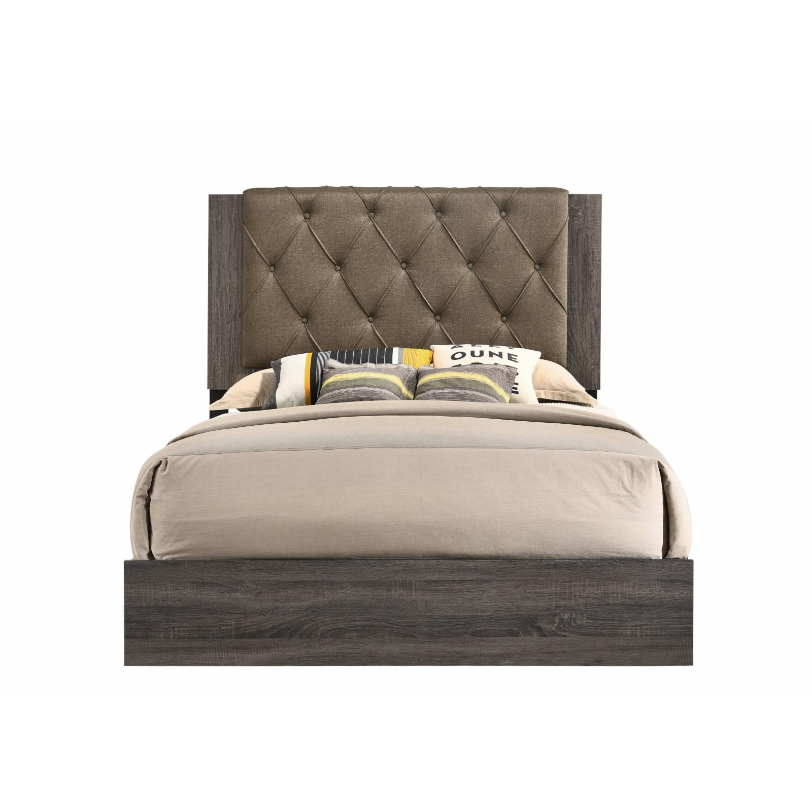 Picture of Acme Furniture 27680Q 53 x 63 x 87 in. Avantika Fabric & Rustic Gray Oak Bed - Queen Size