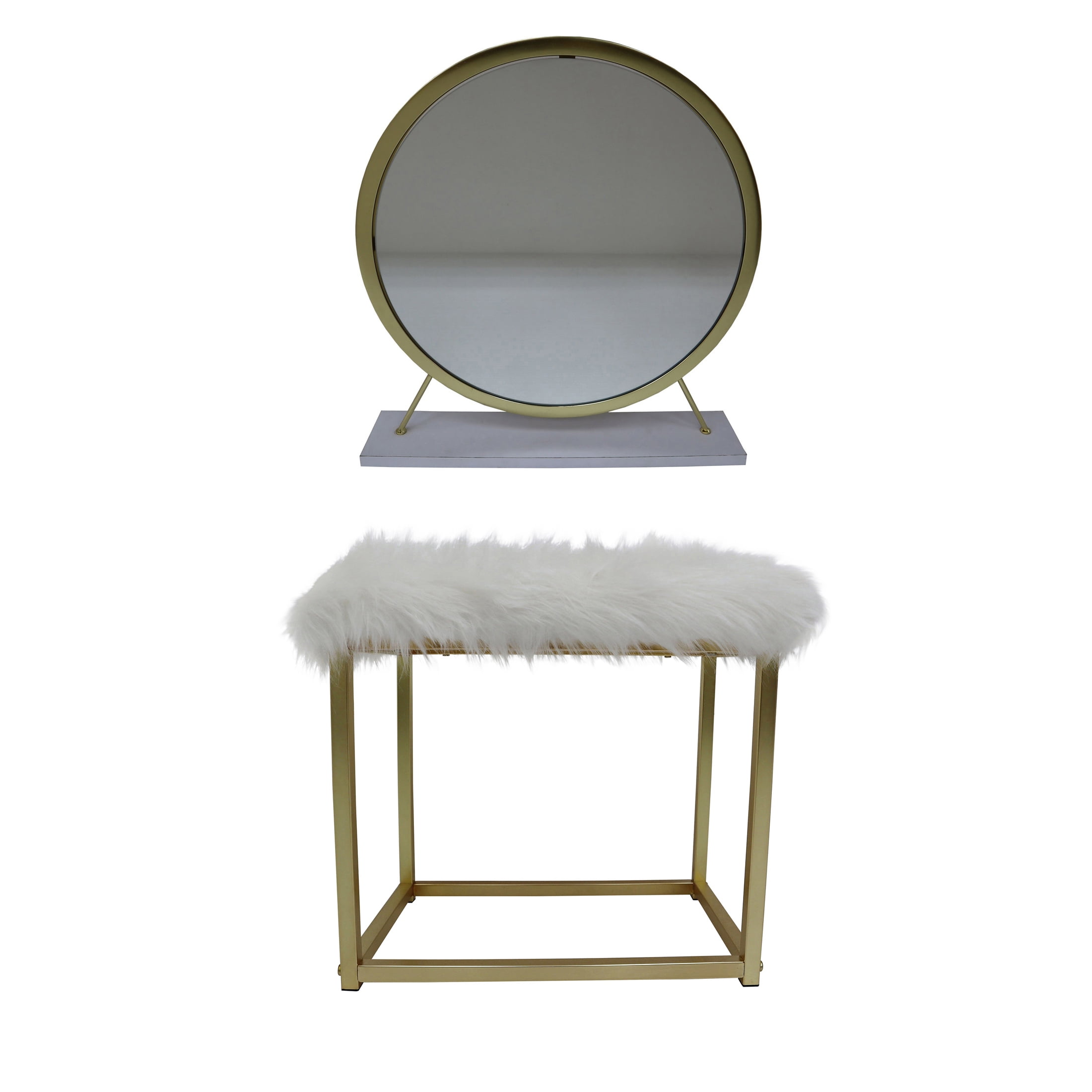 Picture of Acme Furniture AC00932 19 x 4 x 19 in. Adao Vanity Mirror & Stool - Faux Fur&#44; Mirror&#44; White & Brass