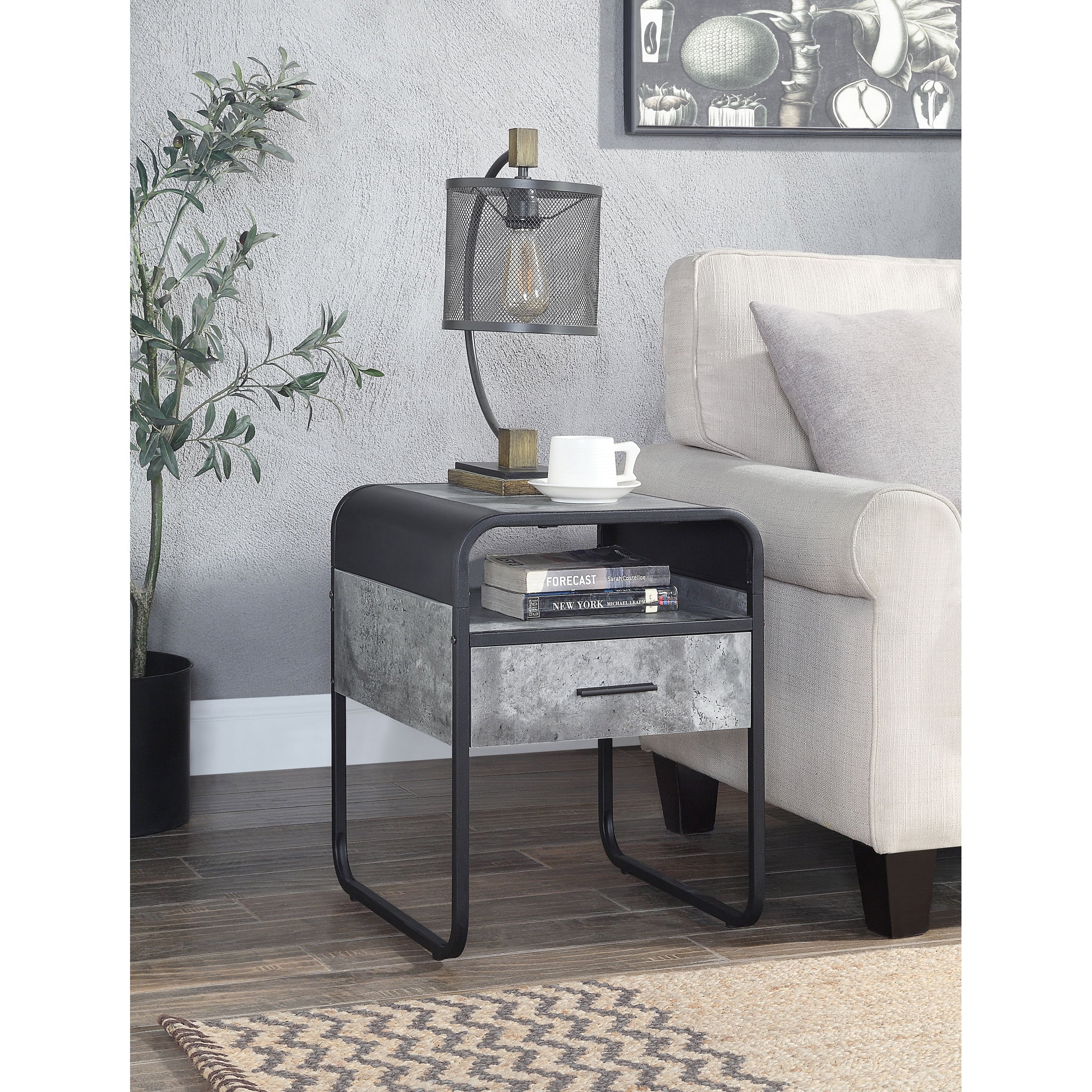 Acme Furniture LV01147 18 x 18 x 22 in. Raziela End Table with Drawer, Concrete Gray & Black -  Acme Furniture Industry Inc