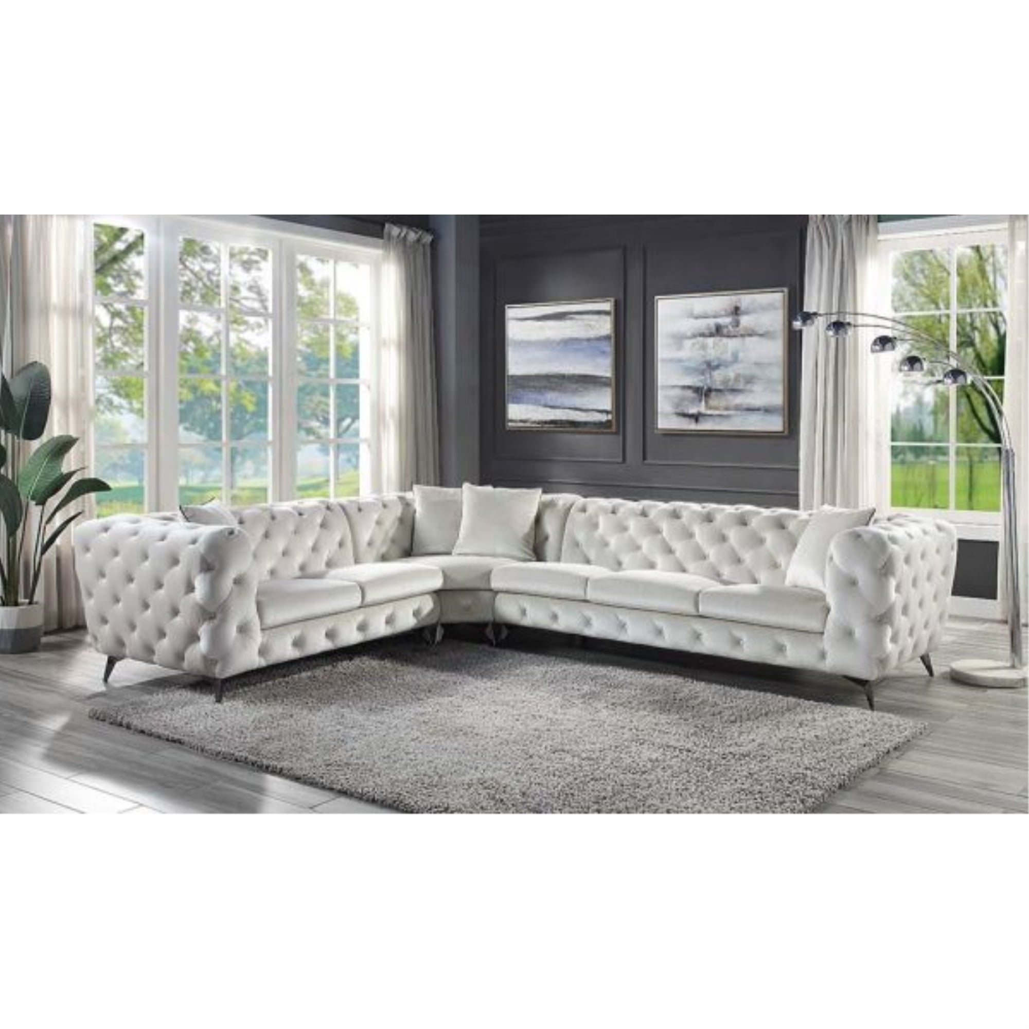 133 x 108 x 31 in. Atronia Sectional Sofa with 4 Pillows, Beige Fabric - ACME Furniture LV01160