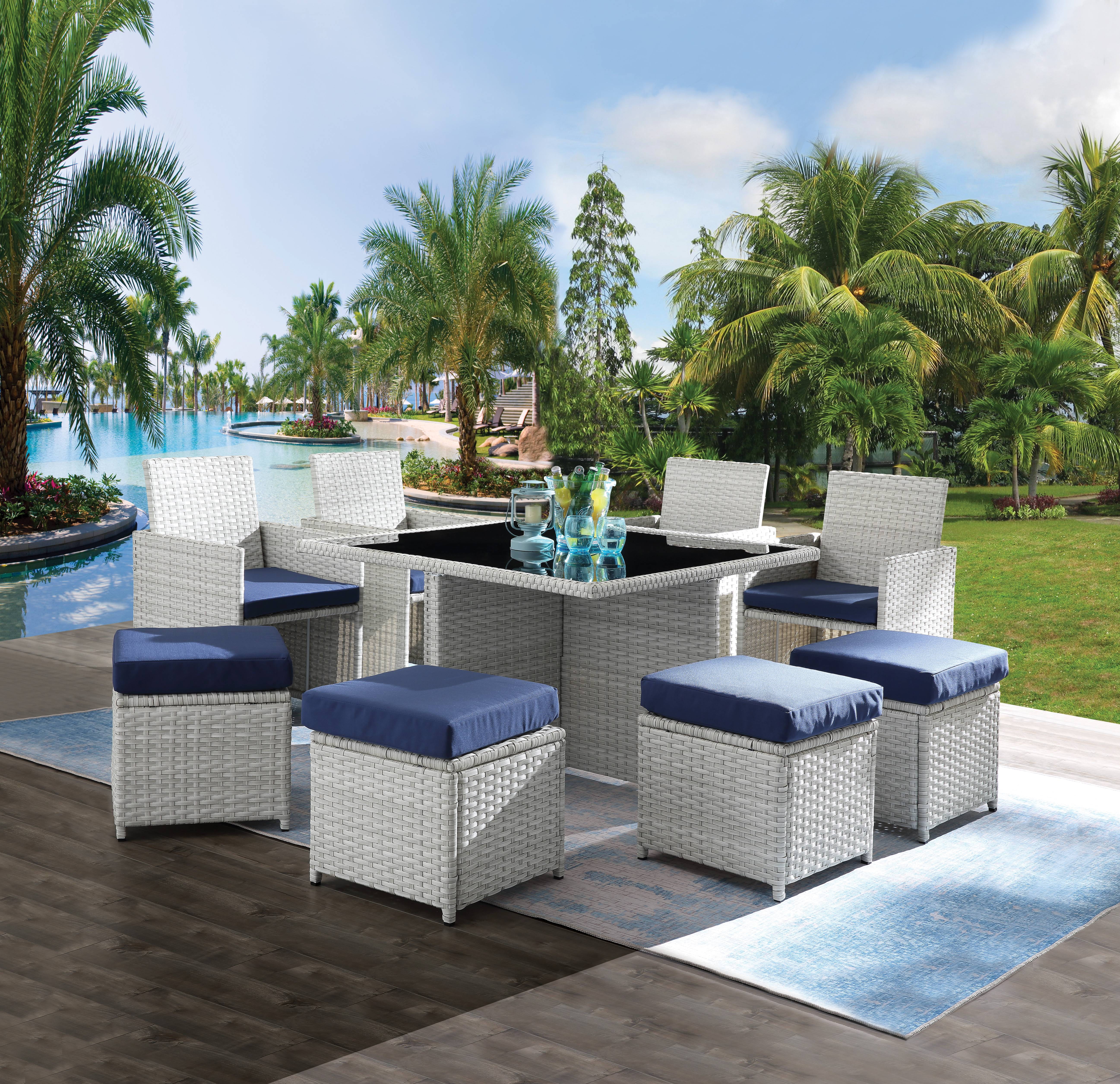 Picture of Acme Furniture 45075 21 x 21 x 34 in. Paitalyi Patio Set&#44; Blue Fabric & Wicker - 9 Piece