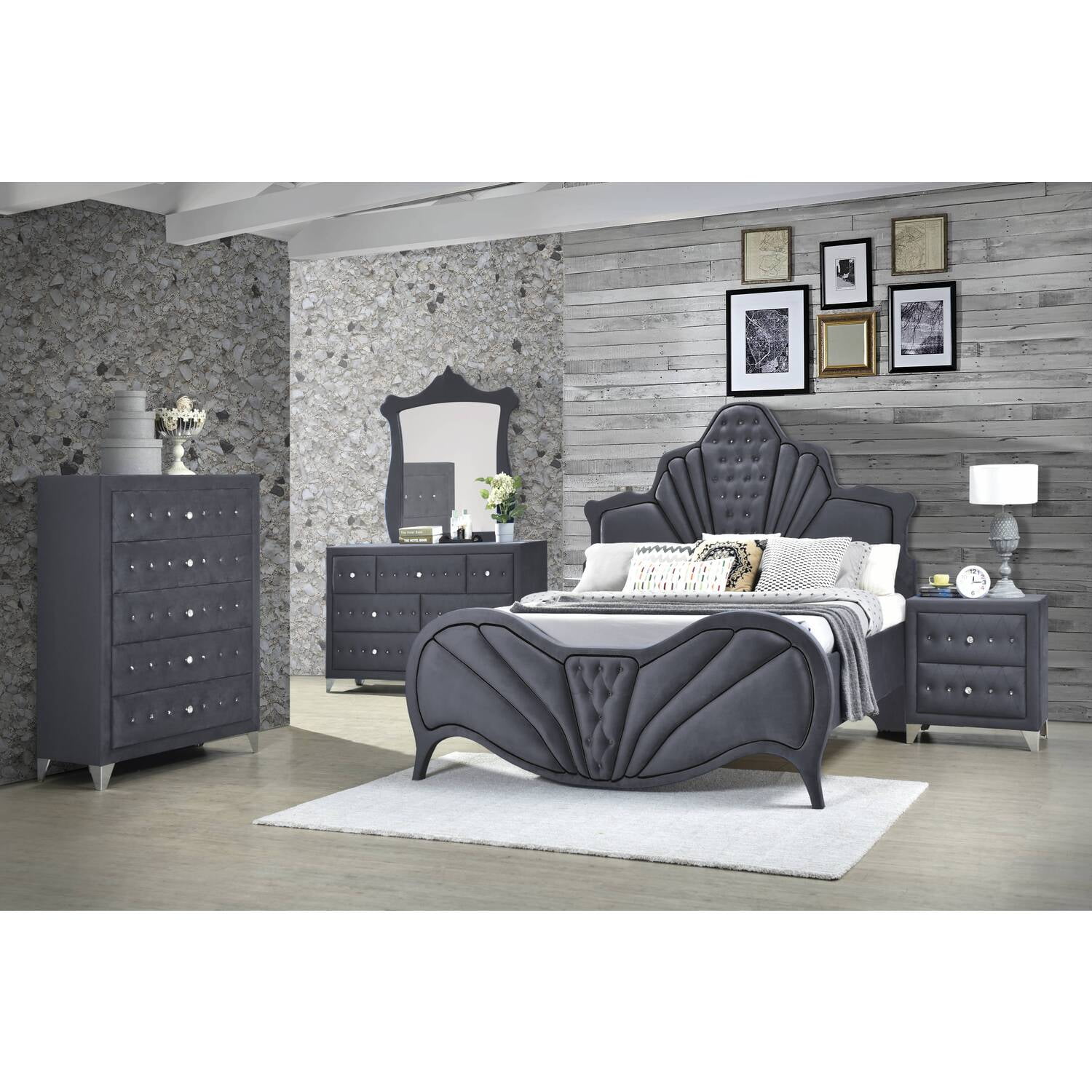 Picture of Acme Furniture 24227EK 90 x 85 x 70 in. Dante Eastern Bed, Gray Velvet - King Size