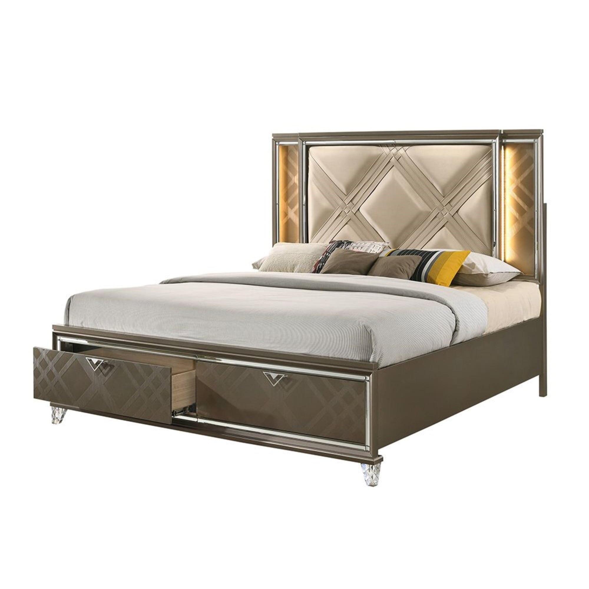 Picture of Acme Furniture 25335F 87 x 57 x 62 in. Skylar Bed with Storage - LED&#44; PU & Dark Champagne - Full Size