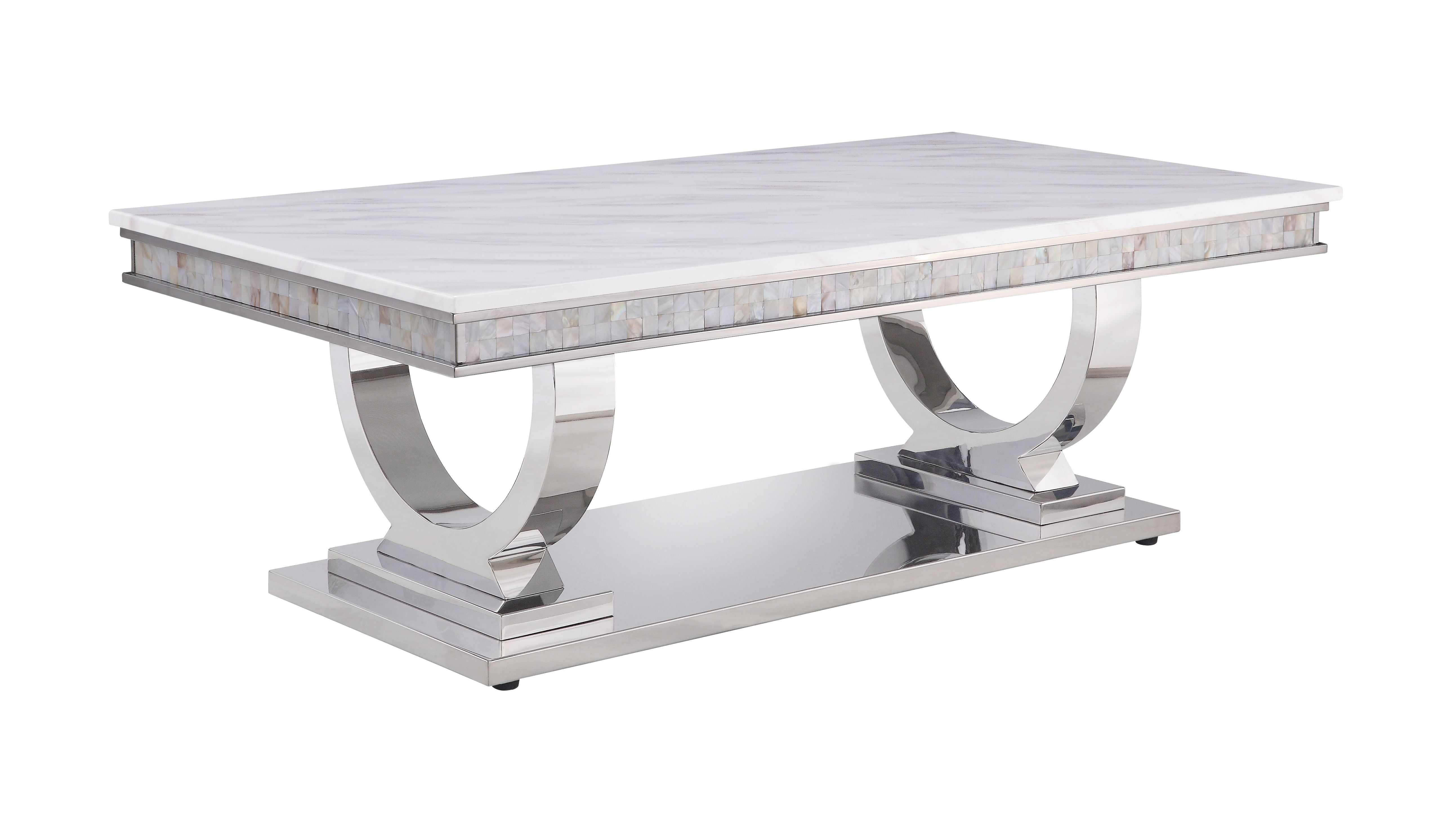 Picture of Acme Furniture 87355 51 x 27 x 18 in. Zander Coffee Table&#44; White Printed Faux Marble & Mirrored Silver