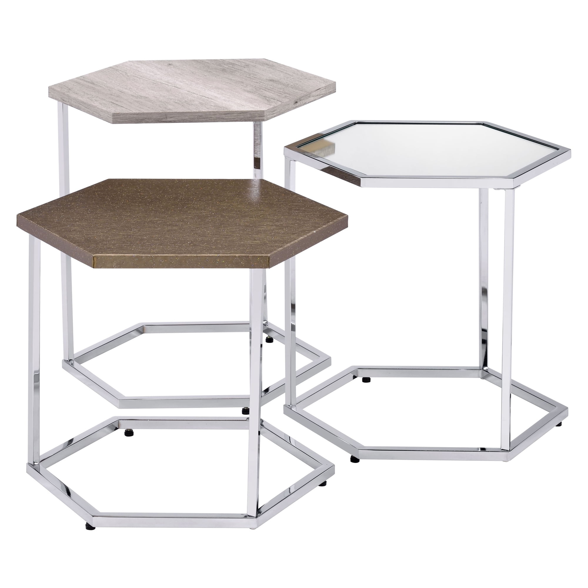 Picture of Acme Furniture 82105 17 x 15 x 20 in. Simno Nesting Coffee Tables - Clear Glass&#44; Taupe&#44; Gray Washed & Chrome