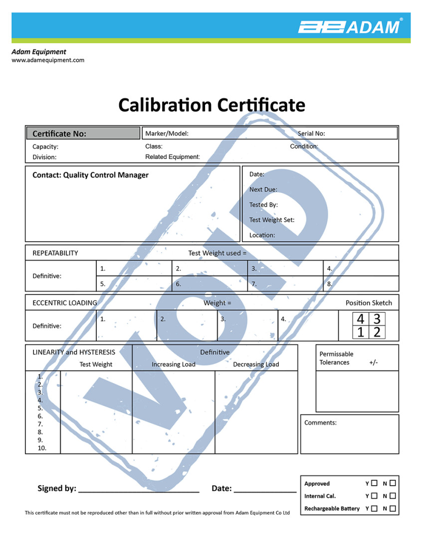 Picture of Adam Equipment 700660288 Calibration Certificate for Weight Scale
