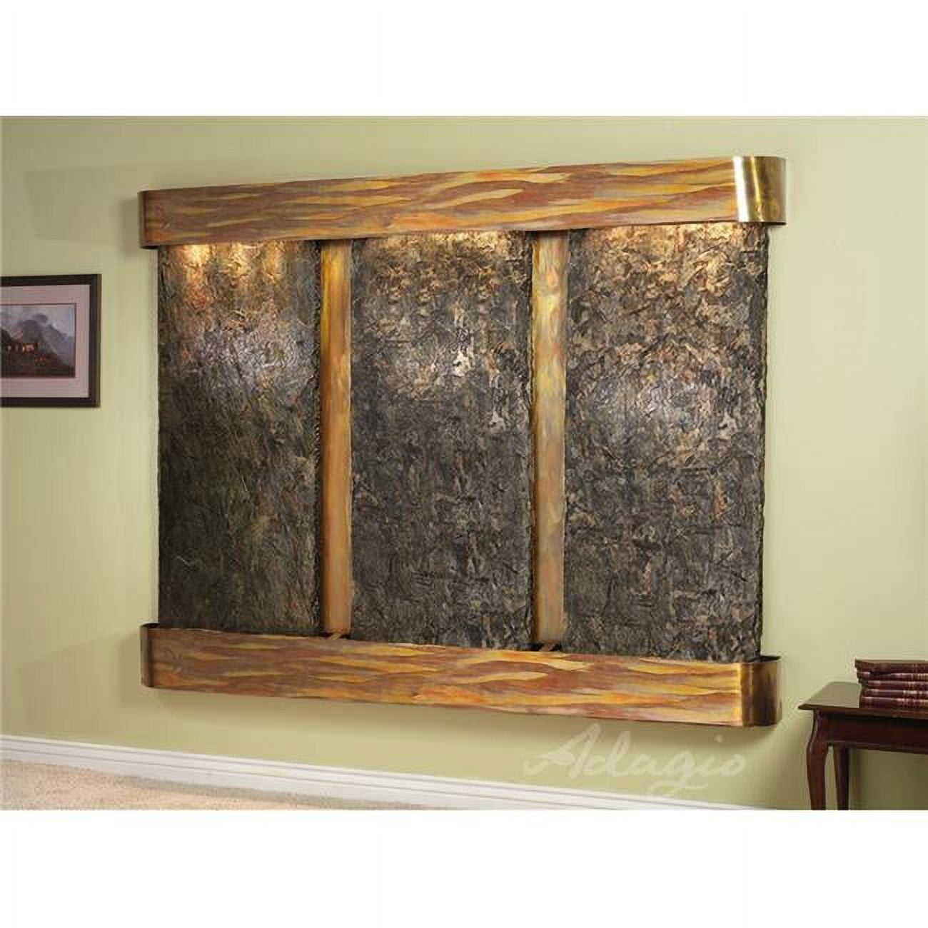 Deep Creek Falls Round Rustic Copper Green Natural Slate Wall Fountain
