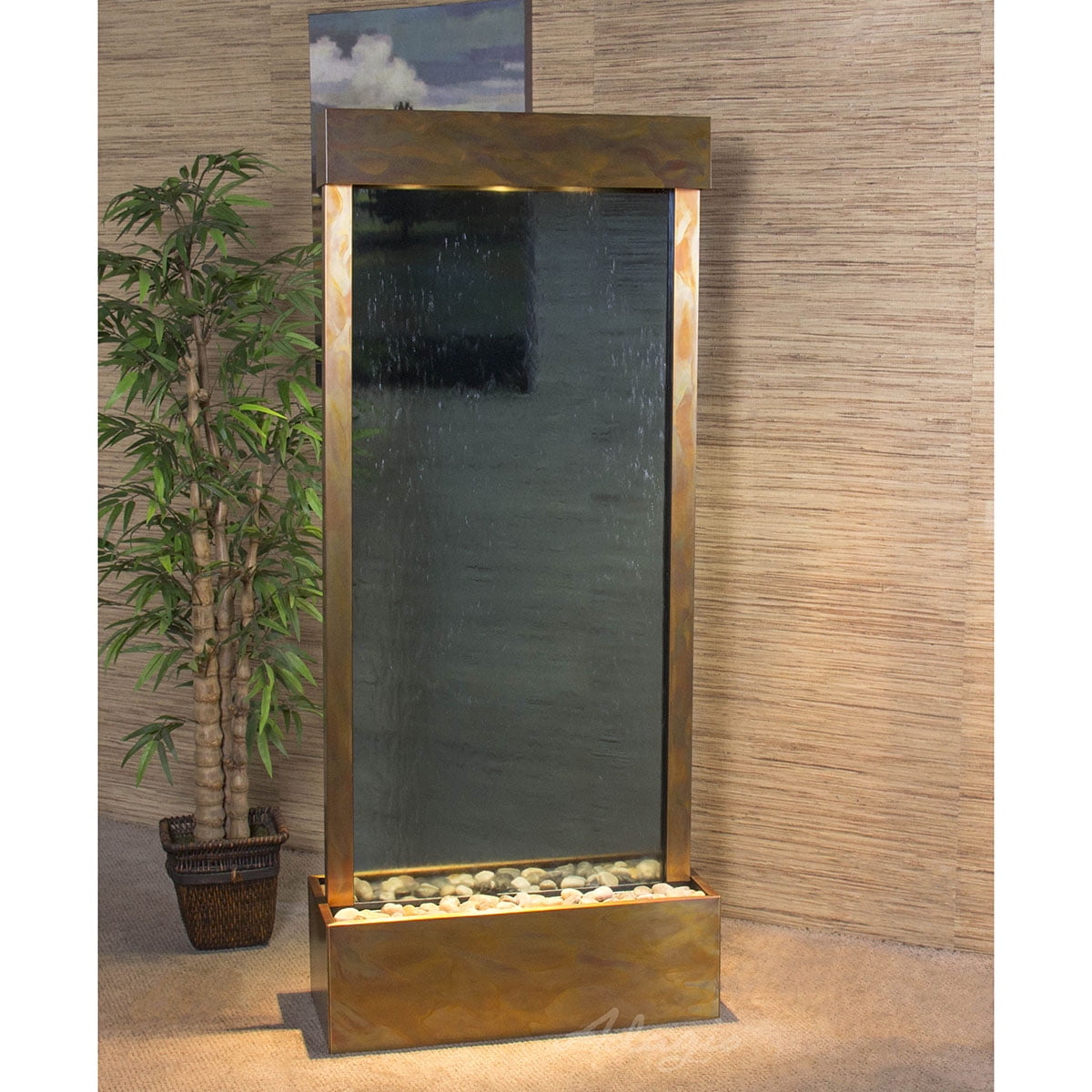Harmony River Center Mount Rustic Copper Blue Glass Wall Fountain