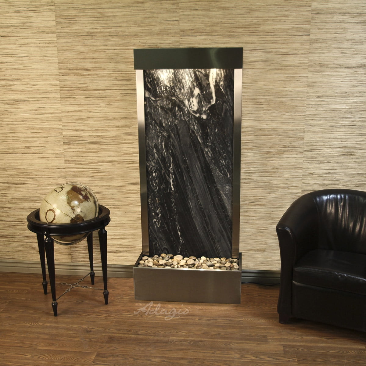 Harmony River Flush Mount Stainless Steel Black Marble Wall Fountain