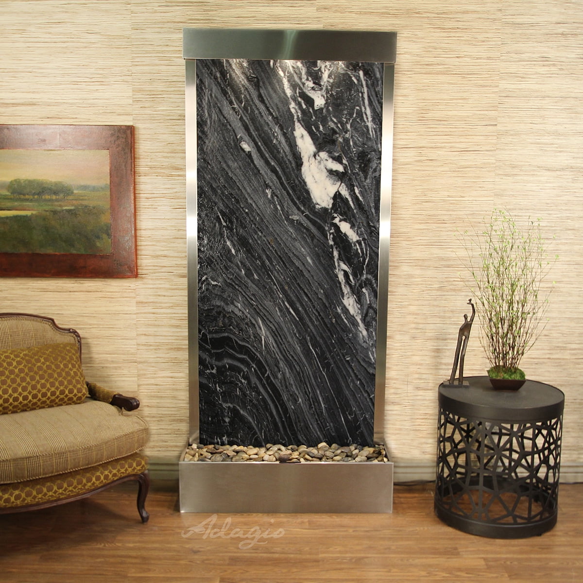 Tranquil River Flush Mount Free Standing Fountain - Stainless Steel-Black-Marble