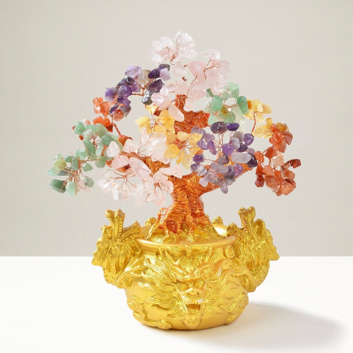 Multi Natural Gemstone Tree of Life with Dragon Base