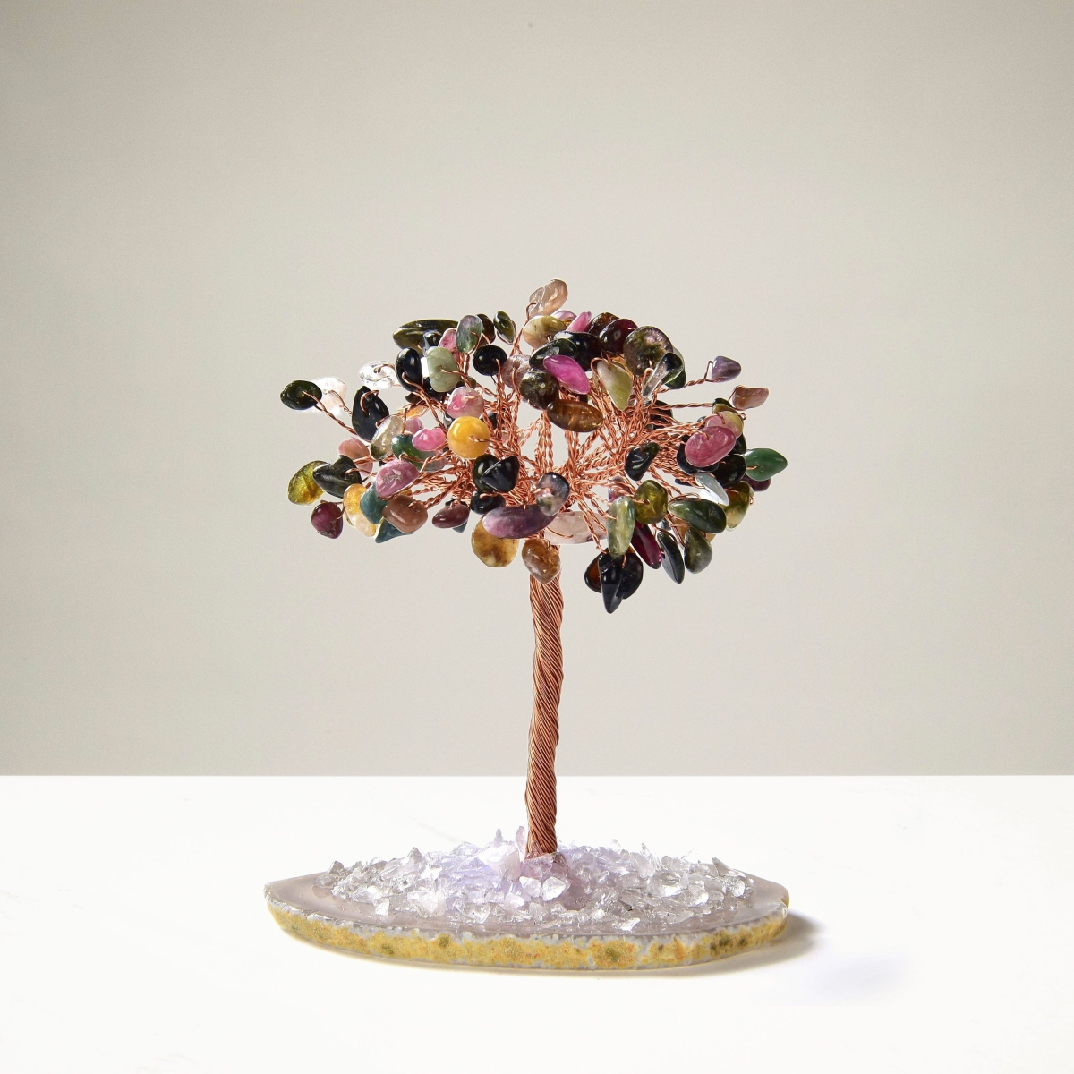 K917A-TR 3.5 in. Tourmaline Natural Gemstone Tree of Life with Agate Base