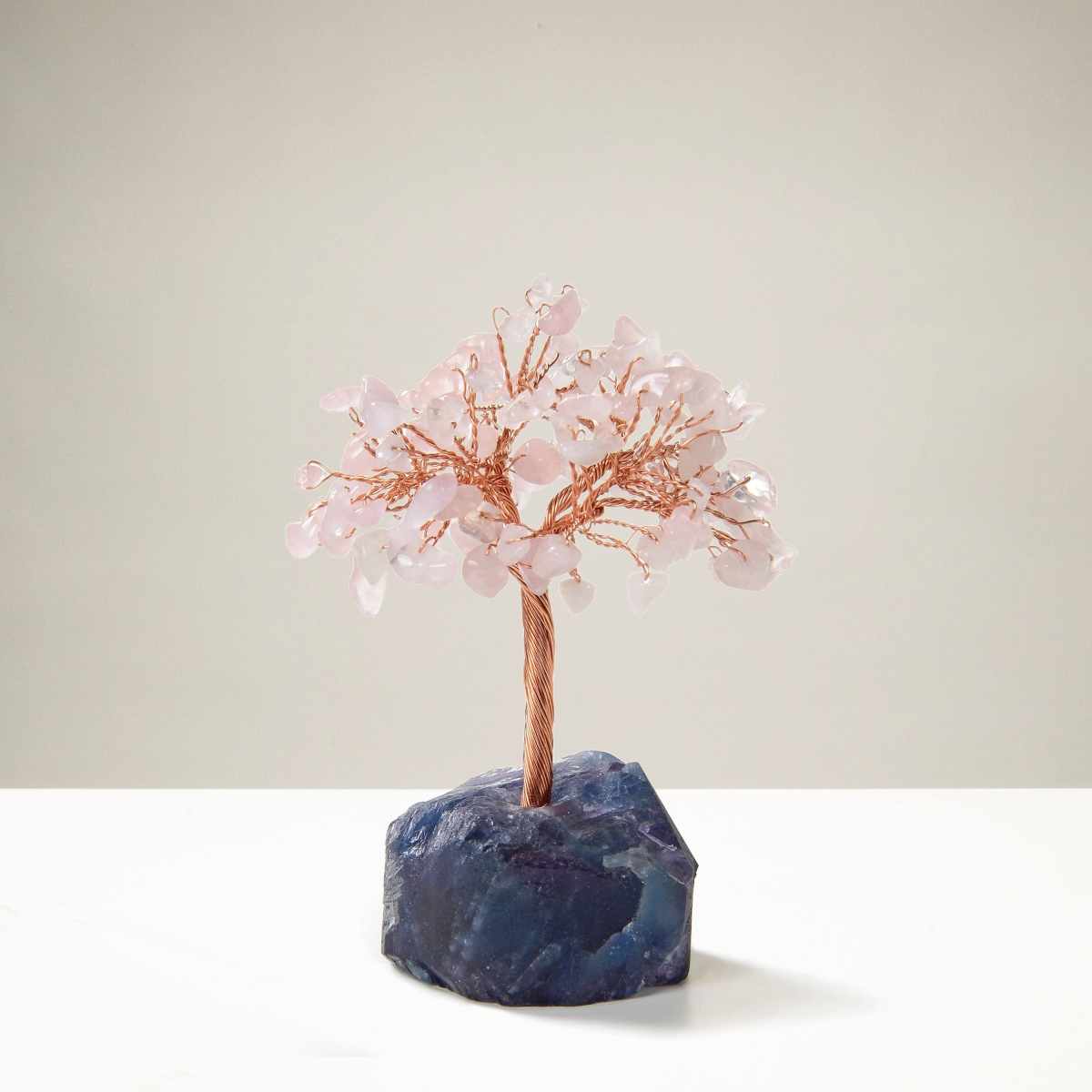 K913F-RQ 4 in. Rose Quartz Natural Gemstone Tree of Life with Fluorite Base