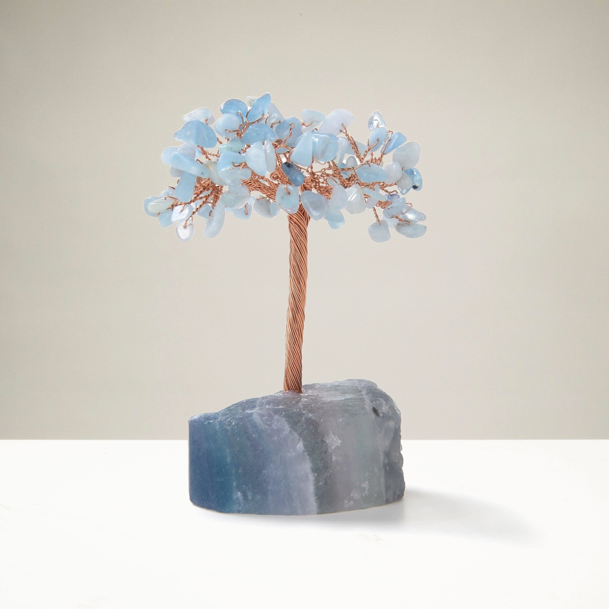 K913F-AQ 4 in. Aquamarine Natural Gemstone Tree of Life with Fluorite Base