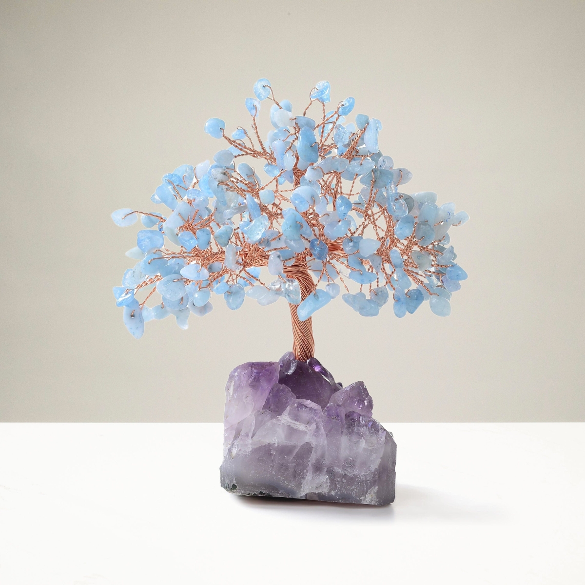 K946-AQ 5 in. Aquamarine Natural Gemstone Tree of Life with Amethyst Geode Base