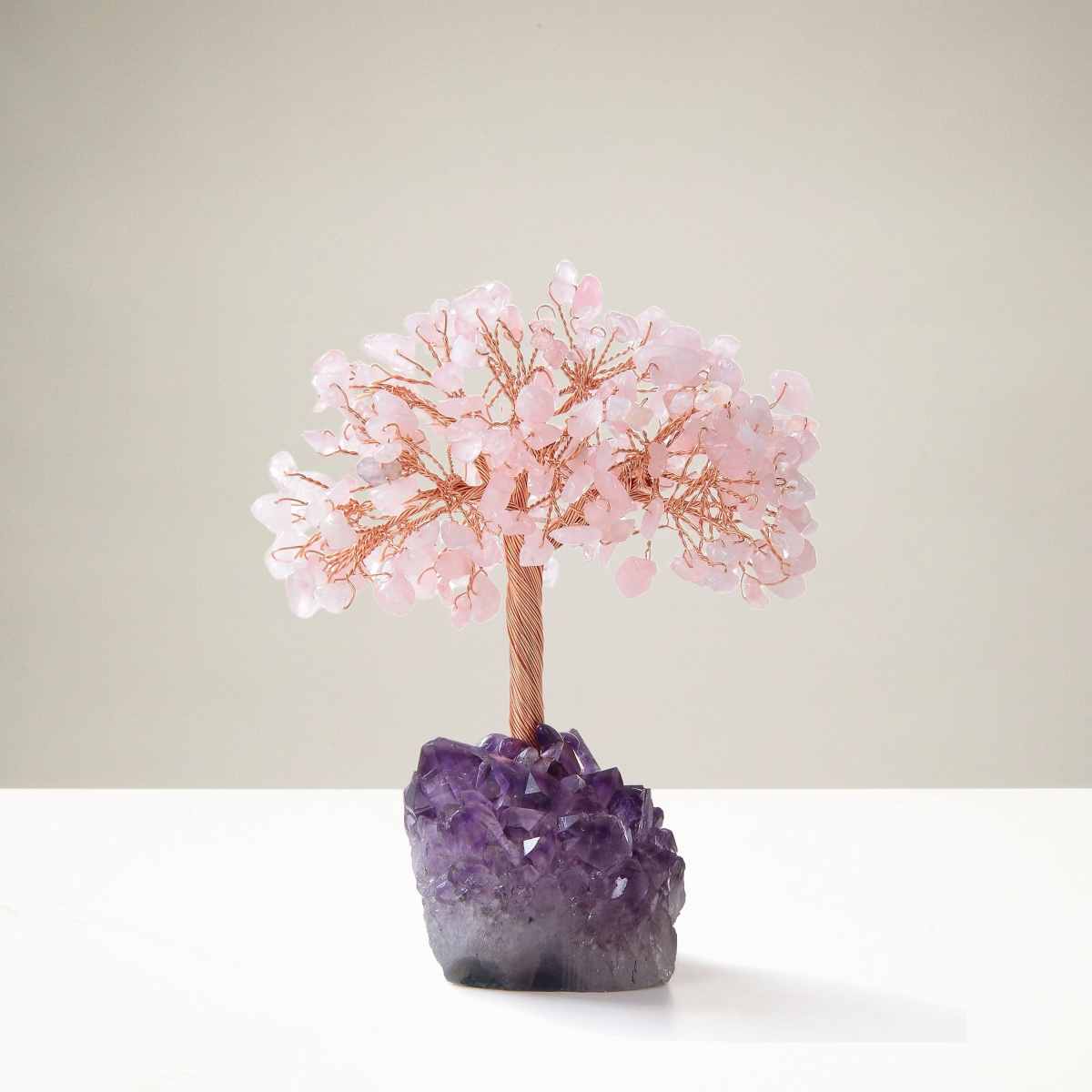 5 in. Rose Quartz Natural Gemstone Tree of Life with Amethyst Geode Base